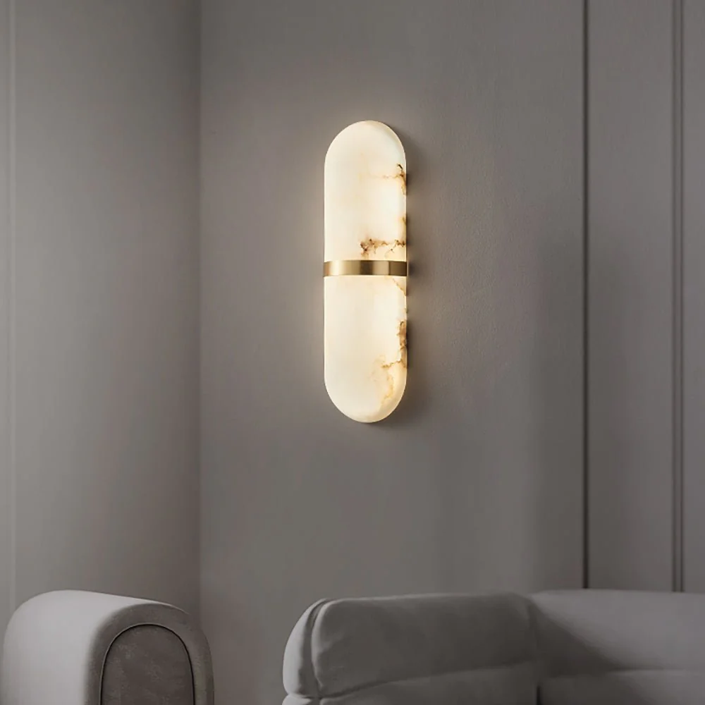 Alabaster Pill Wall Light - ∅ 4.7″ x H 15.7″ / Black & Warm Light / Set Of 2