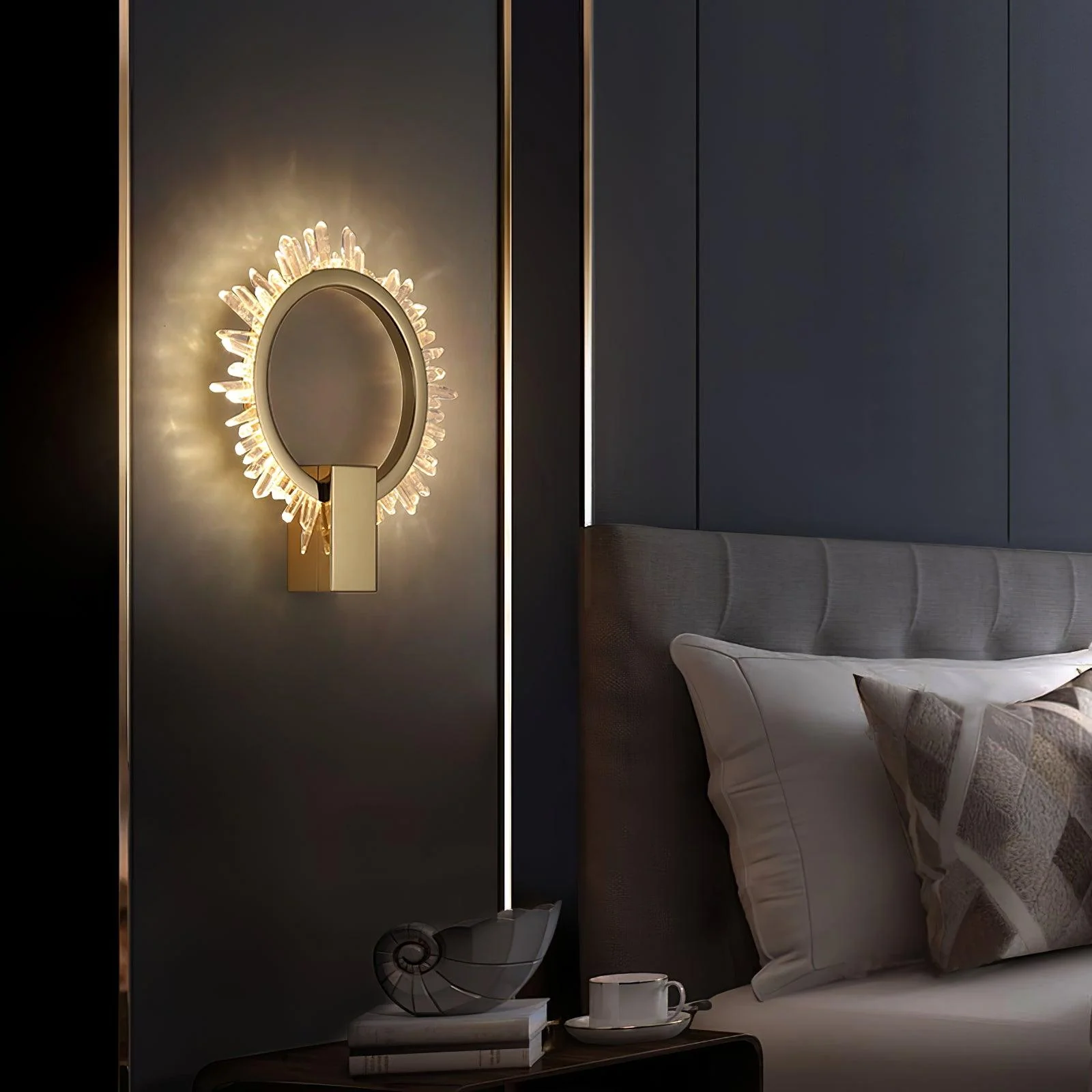 Natural Crystal Wall Lamp - ∅ 9.8″ x H 12.5″ / Dia 25cm x H 32cm Set of 2 / Gold & Clear / Warm White