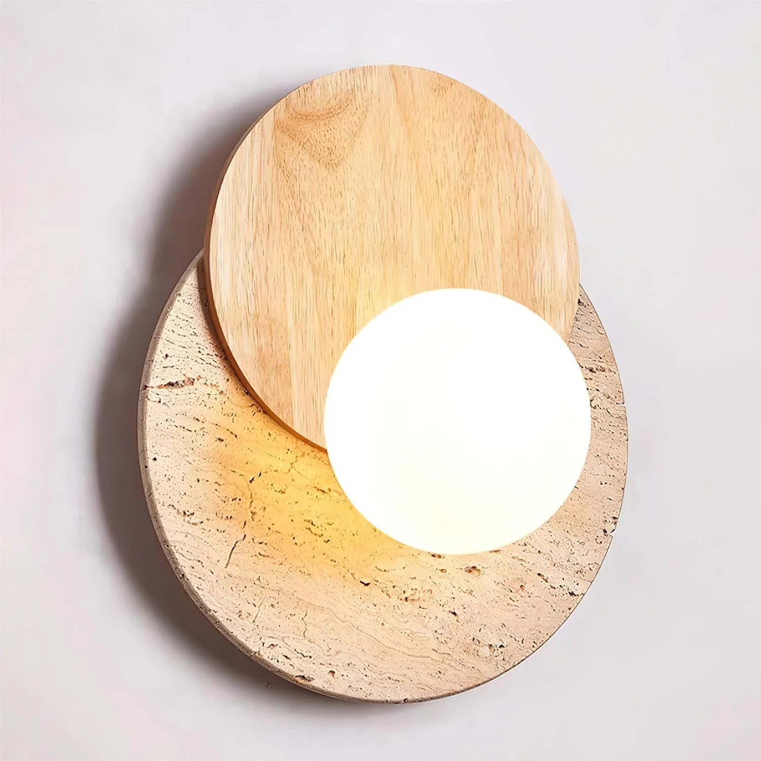 Lunar Eclipse Wall Lamp - ∅ 11.8″ x H 9.8″ / Dia 30cm x H 25cm Set of 2 / Wood Color & Beige