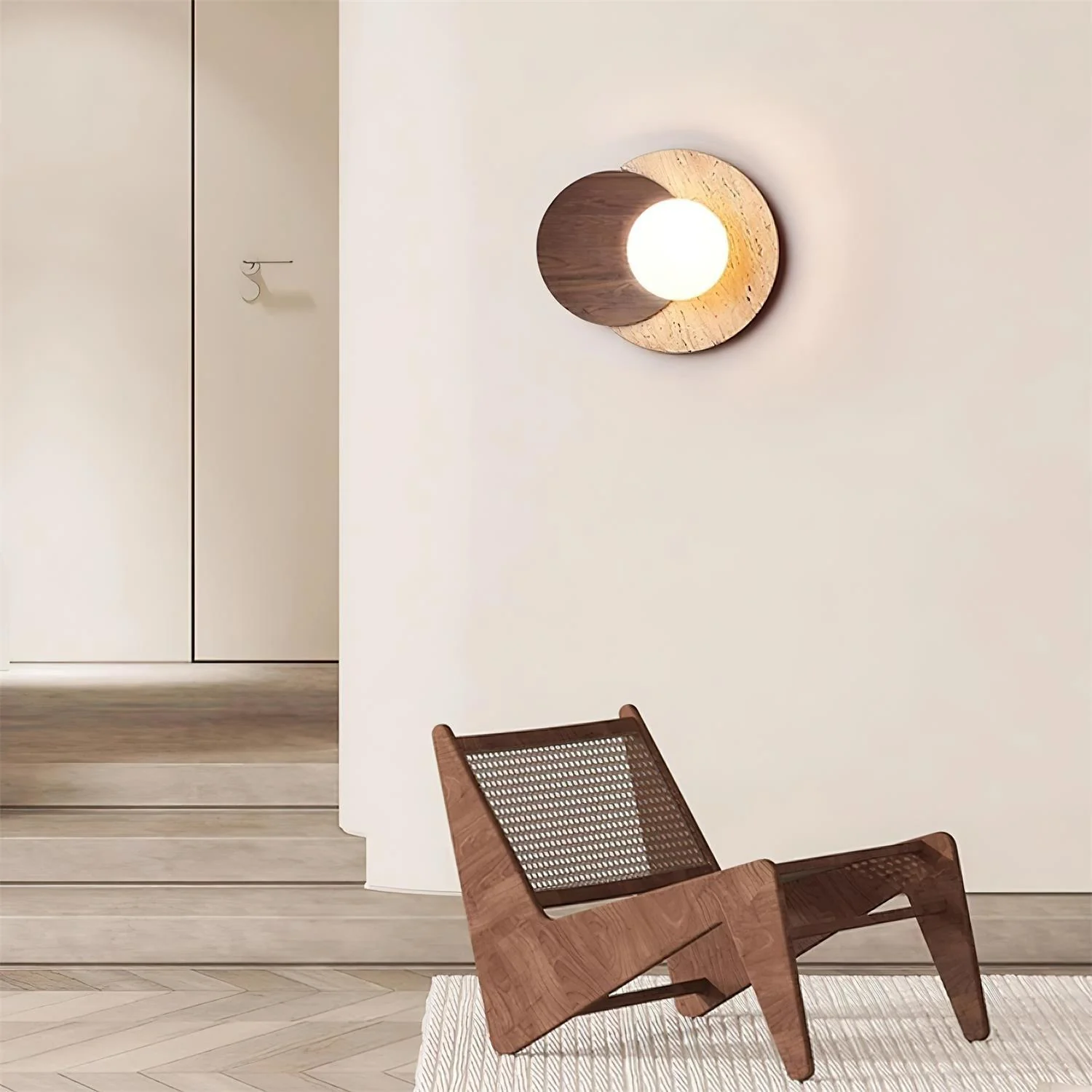 Lunar Eclipse Wall Lamp - ∅ 11.8″ x H 9.8″ / Dia 30cm x H 25cm Set of 2 / Wood Color & Beige