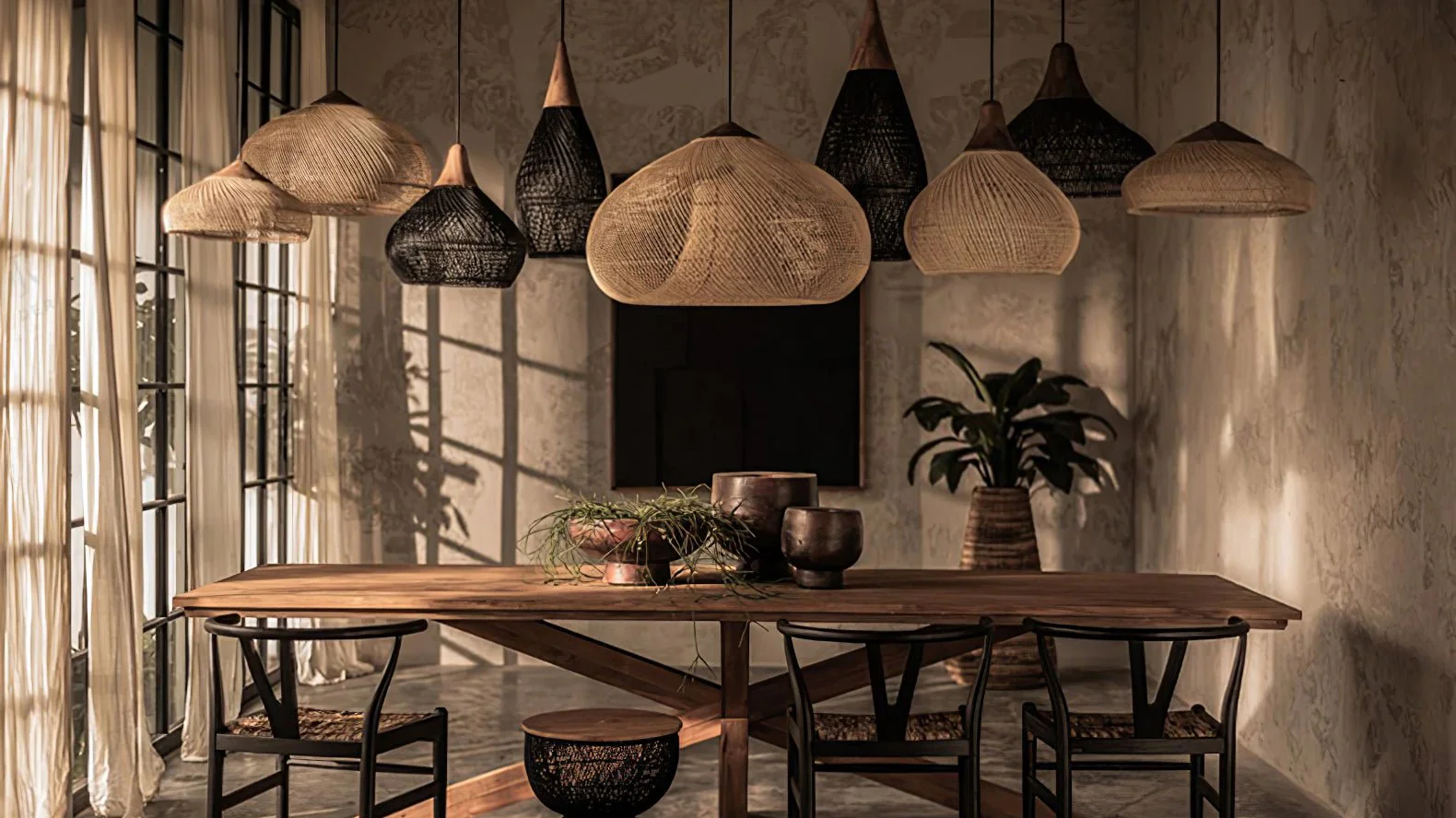 Подвесной светильник Braided Rattan - модель B, ∅50см x 25см, натуральное дерево, натуральный ротанг