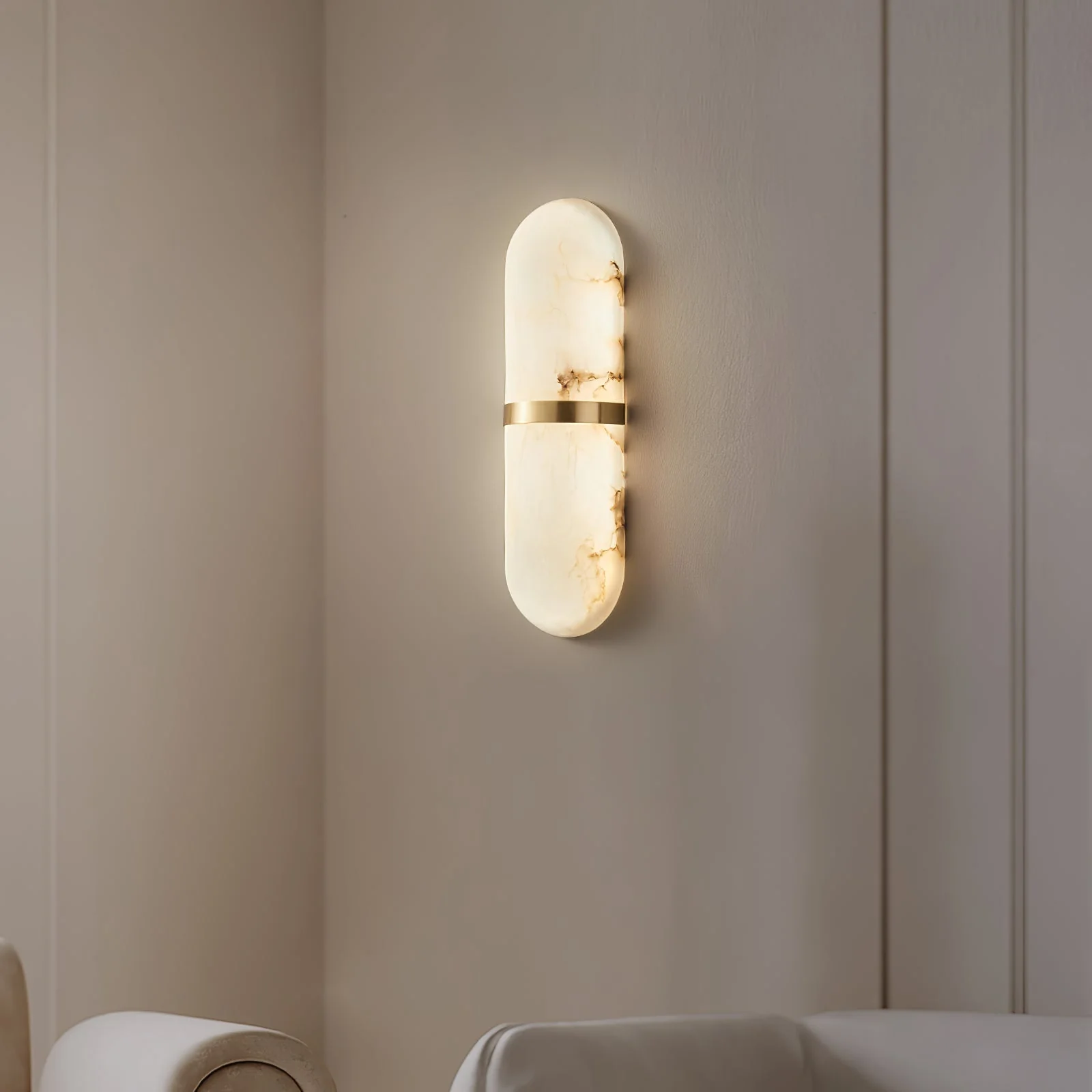Alabaster Pill Wall Light - ∅ 4.7″ x H 15.7″ / Black & Warm Light / Set Of 2