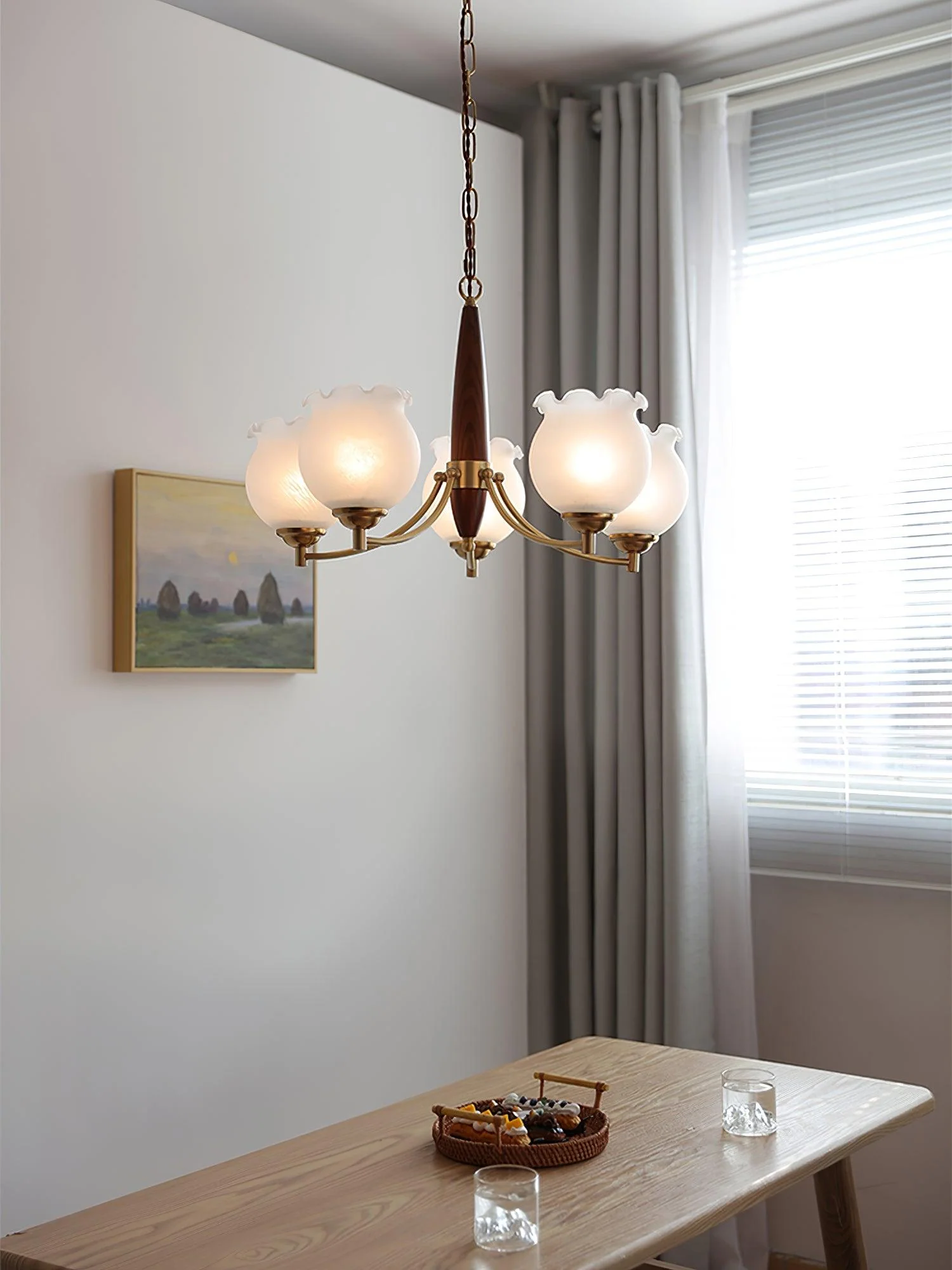 Люстра Tulips Glass Wood - 3 плафона ∅50см x 38см, латунь, дерево, белый