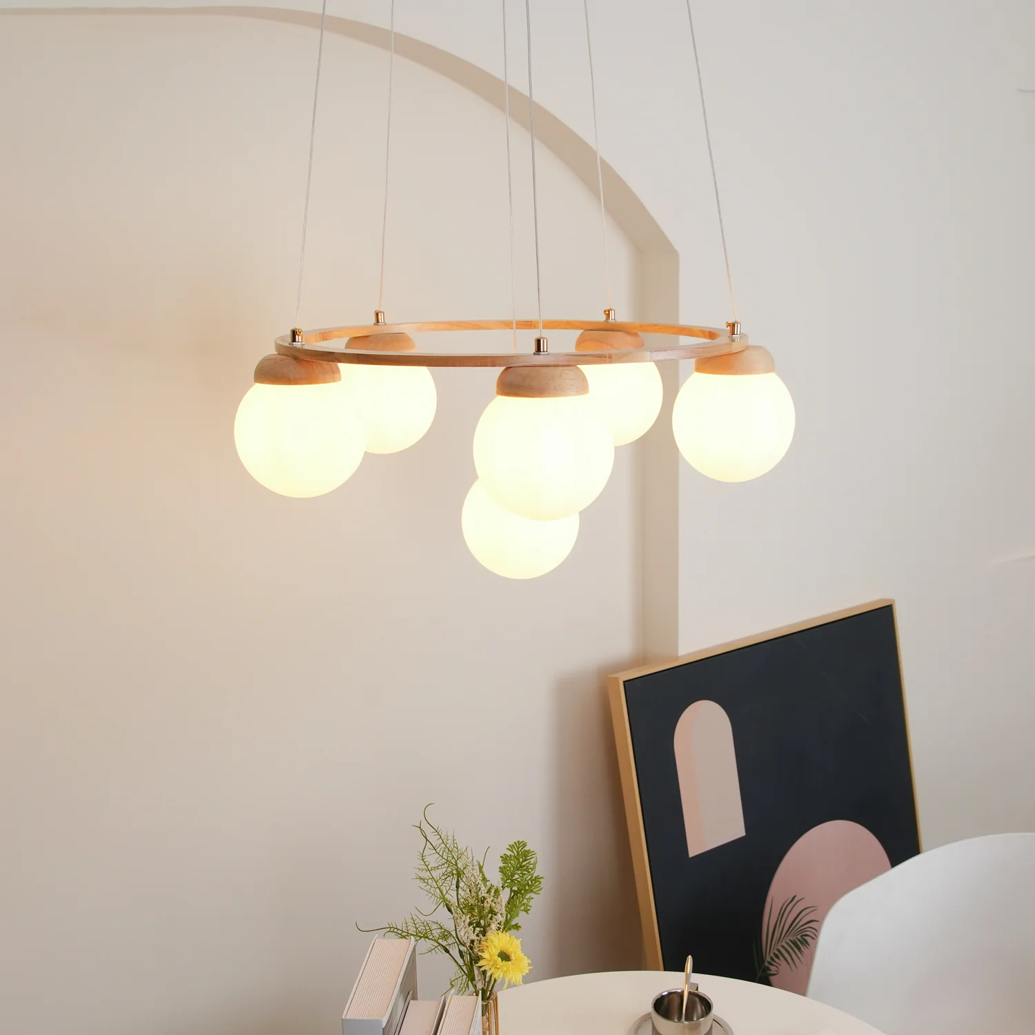 Люстра Miira Wood - 4 подвеса ∅50см x 150см, дерево, белый