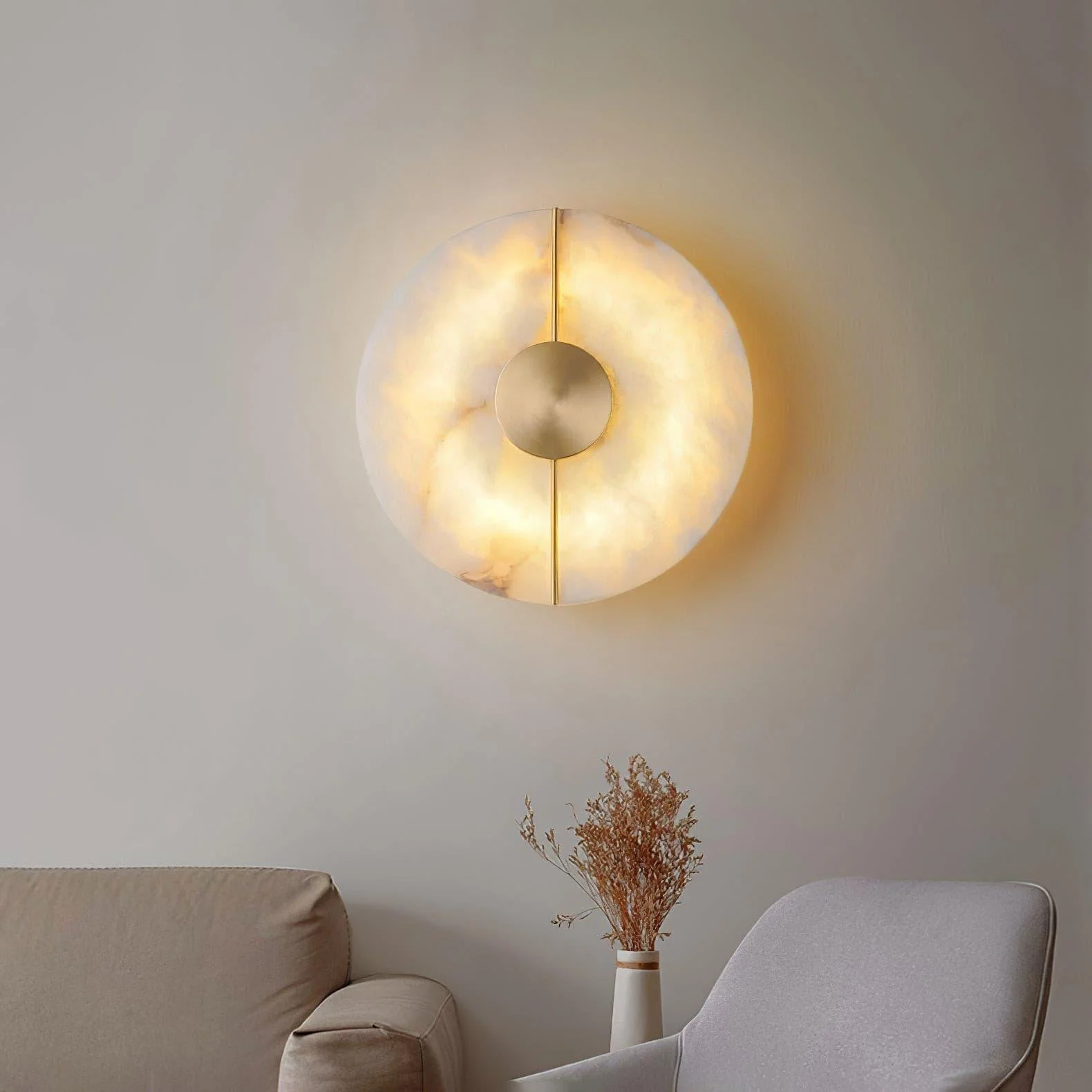 Artistic Alabaster Wall Lamp - ∅ 7.9″ x H 7.9″ Set of 2 / White & Brass / Warm Light