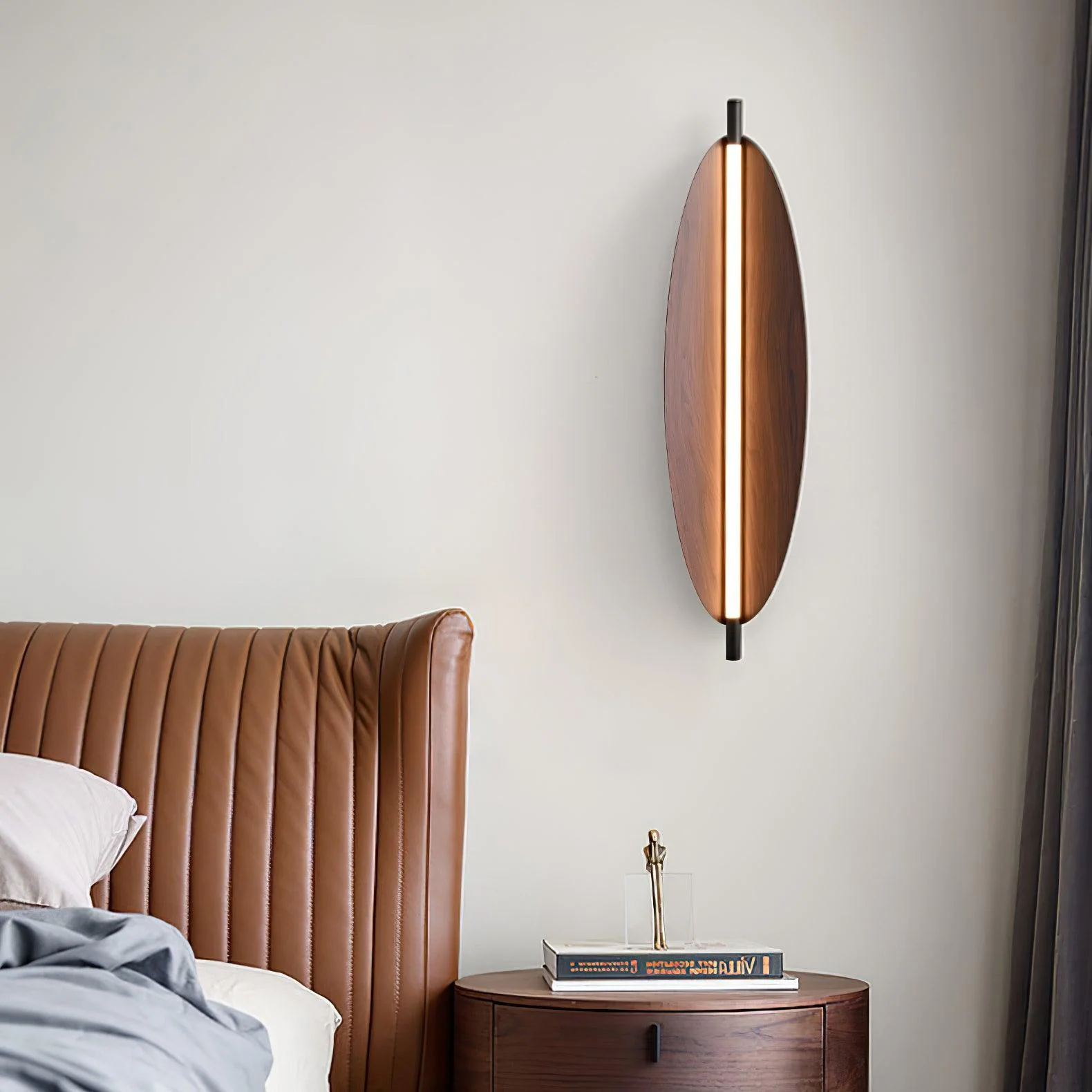 Sleek Board Sconce - ∅ 7.1″ x H 23.6″ / ∅ 18cm x H 60cm Set of 2 / Hydrographic Walnut Wood Grain Finish / Warm Light