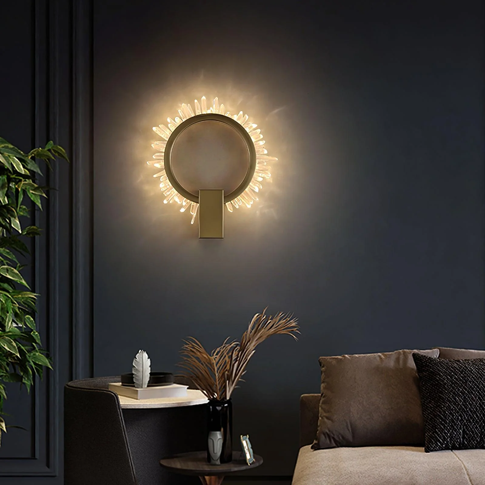 Natural Crystal Wall Lamp - ∅ 9.8″ x H 12.5″ / Dia 25cm x H 32cm Set of 2 / Gold & Clear / Warm White