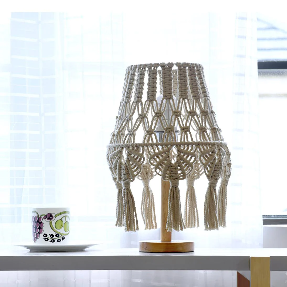 Macrame Table Lamp - ∅ 11″ x H 15.7″ / Dia 28cm x H 40cm / White / AU plug