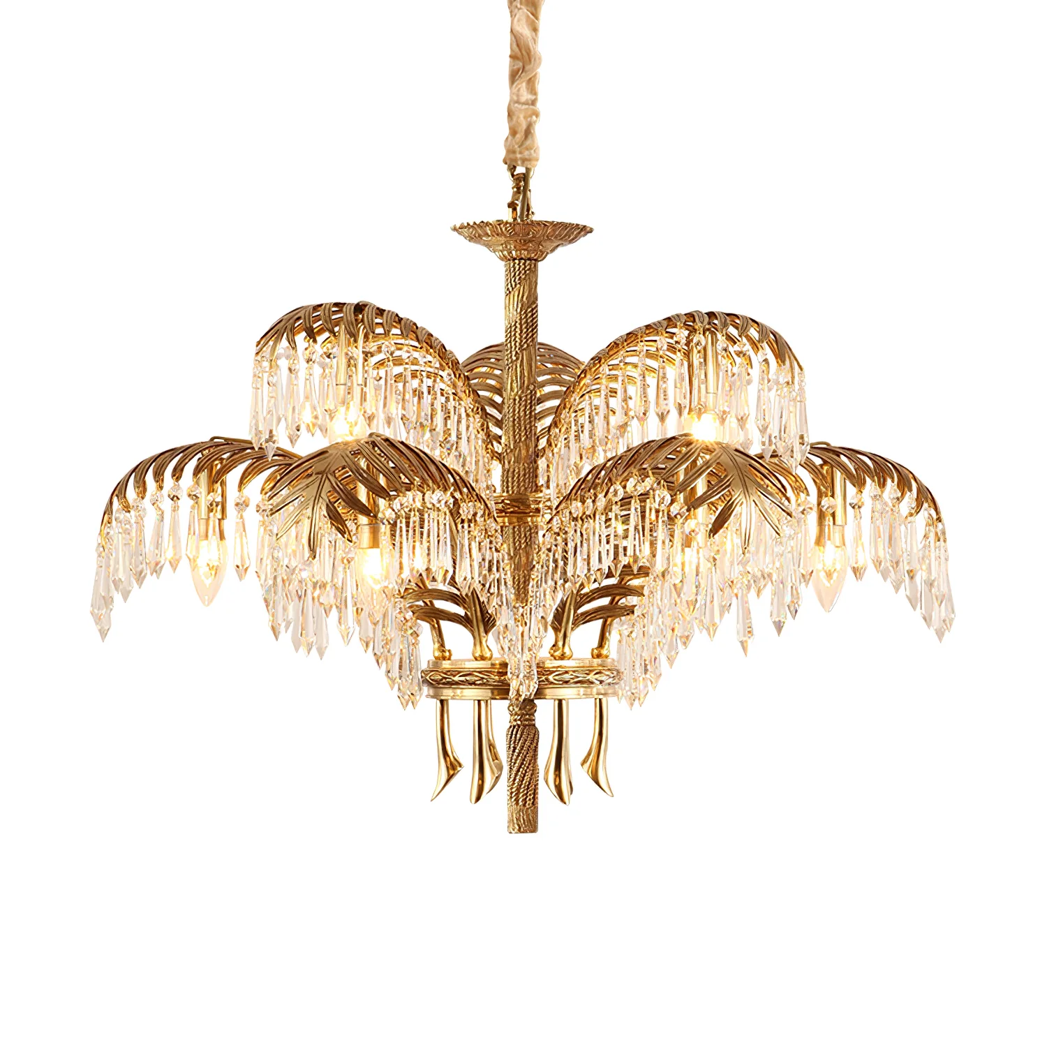 Люстра Brass Palm Leaf Crystal - 8 подвесов ∅82см x 50см, латунь, прозрачный кристалл