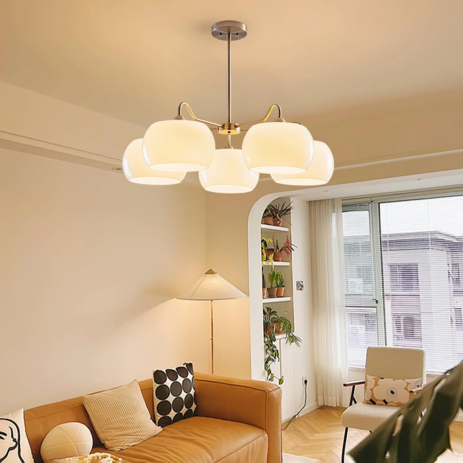 Люстра Nickel Glass Persimmon - 5 плафонов ∅90см x 30см, никель, белый