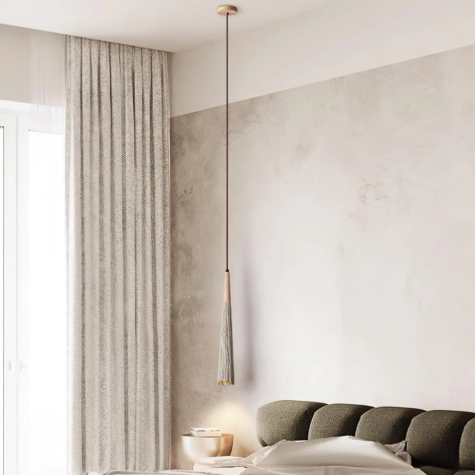 Подвесной светильник Concrete Pleated - ∅7см x 42см, натуральное дерево, серый бетон