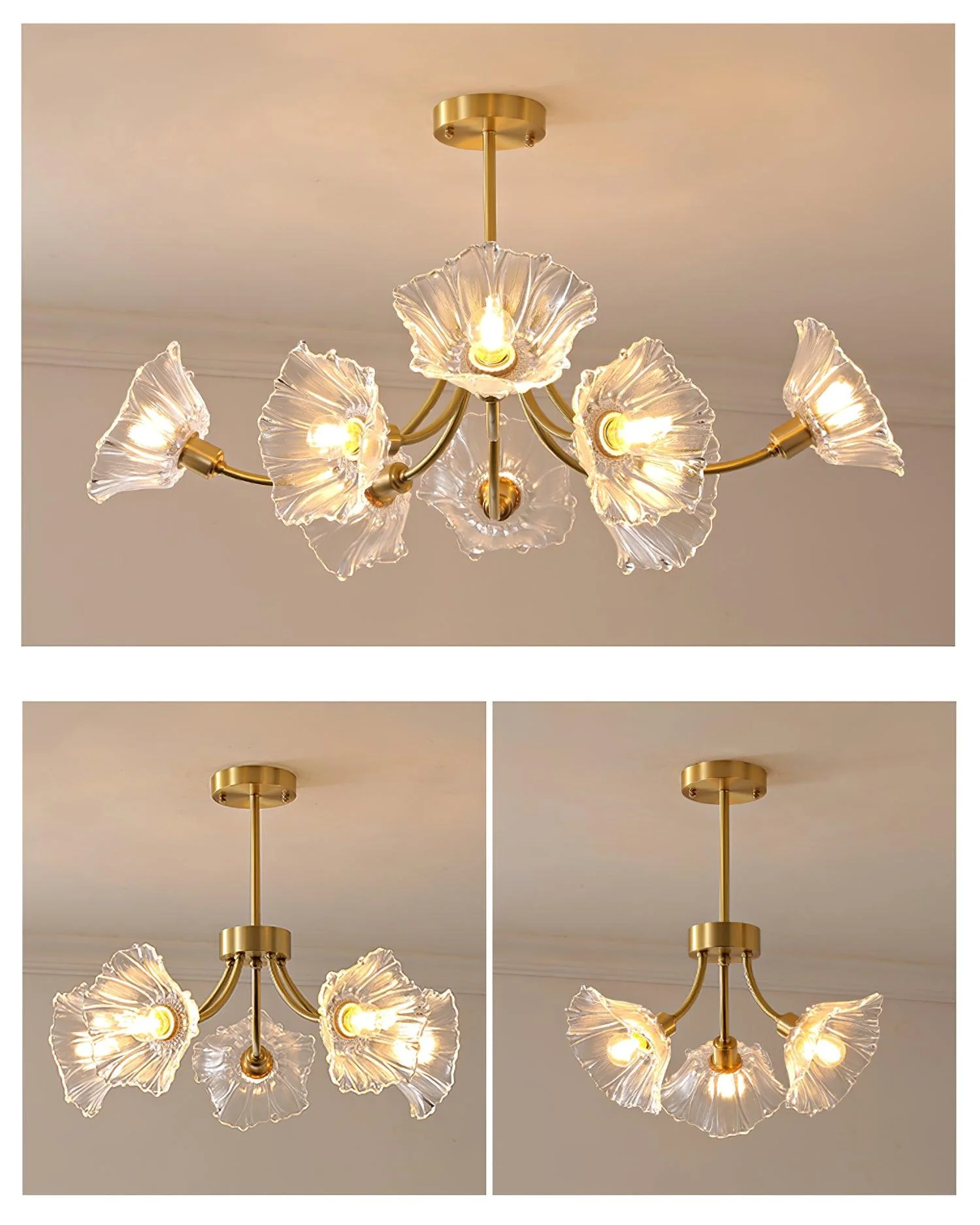 Люстра Kalin Flower Glass - 5 плафонов ∅55см x 36см, латунь, прозрачный