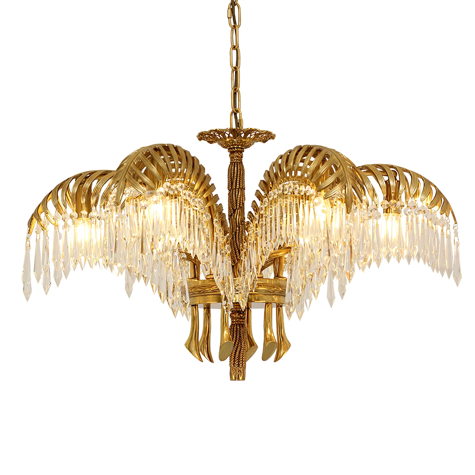 Люстра Brass Palm Leaf Crystal - 8 подвесов ∅82см x 50см, латунь, прозрачный кристалл