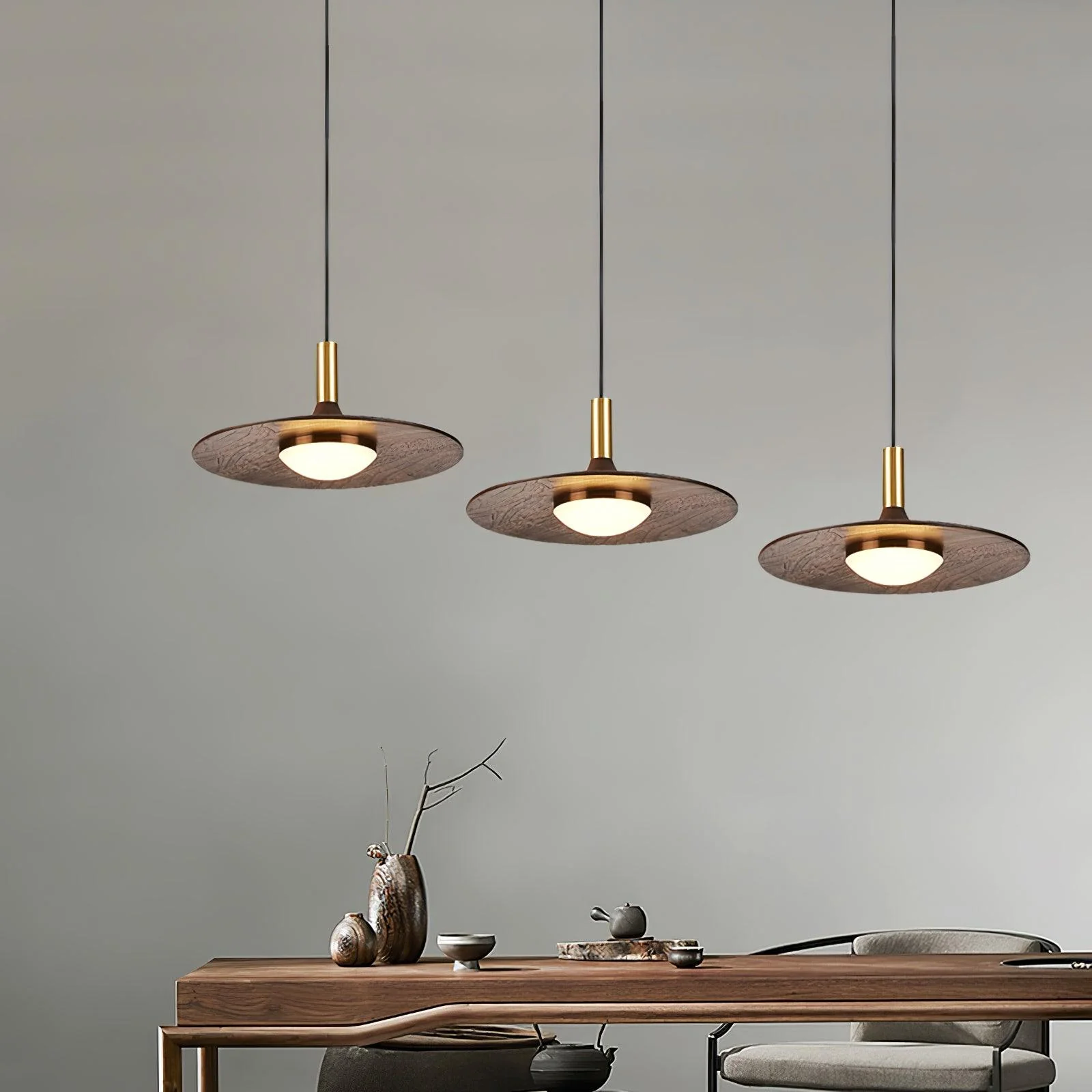 Подвесной светильник Walnut Wood Dish - ∅25см x 12см, орех, латунь, холодный свет