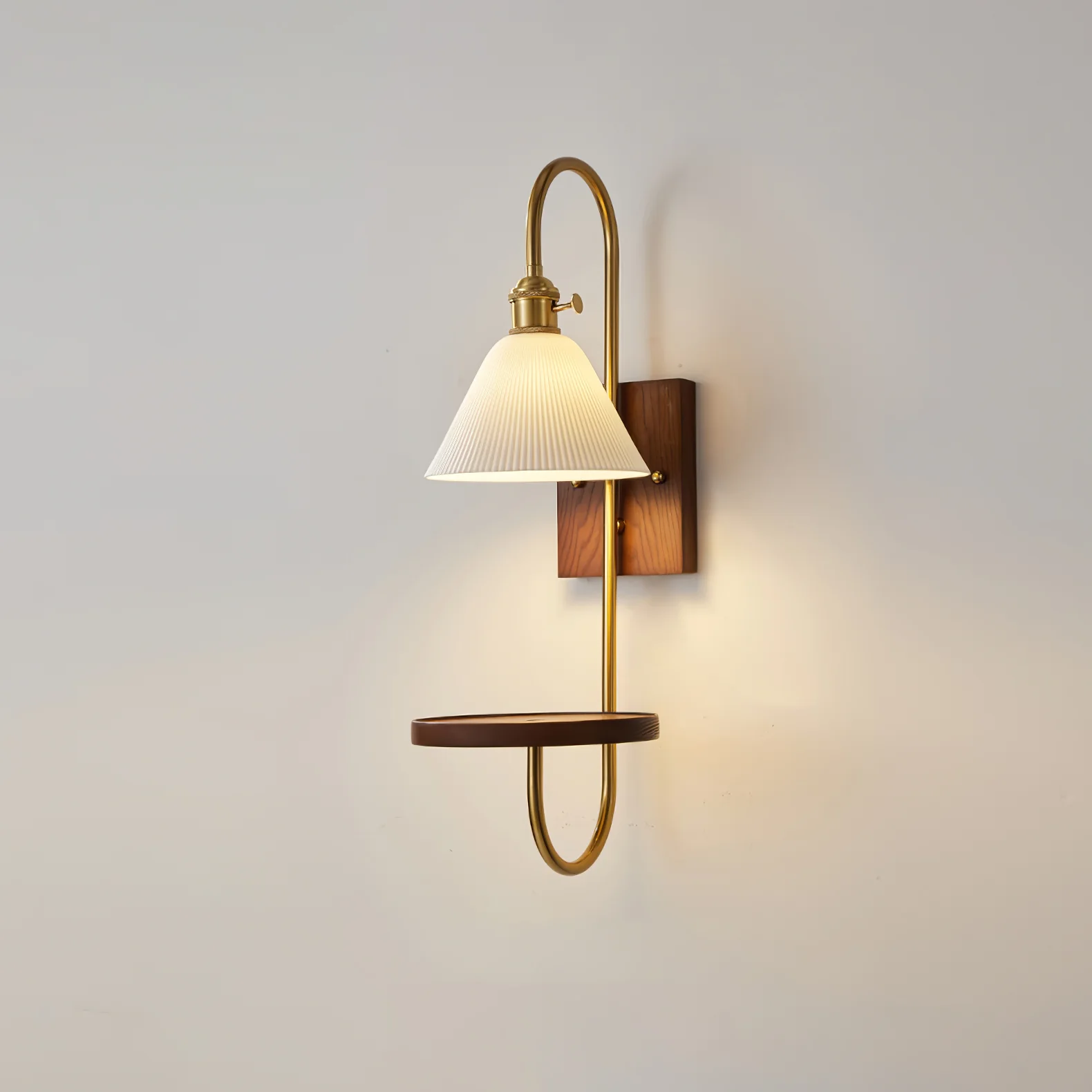 Walnut Shelf Sconce - Model A H 21.3″ x W 7.1″ x L 9.8″ / Walnut Color & Gold / Set Of 2