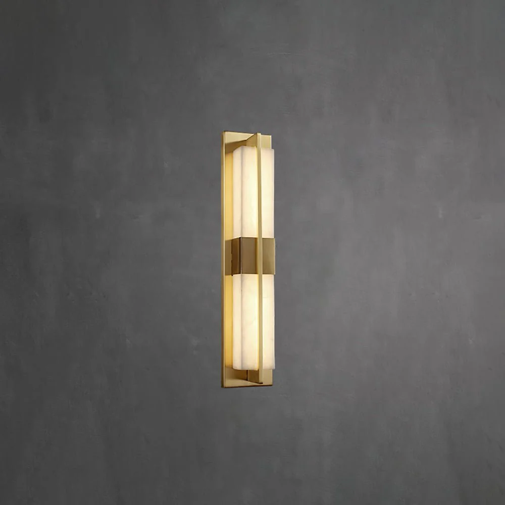 Rectangular Alabaster Brass Wall Sconce - ∅ 4.7″ x H 31.5″ / Dia 12cm x H 80cm / Black & Warm Light / Set Of 2