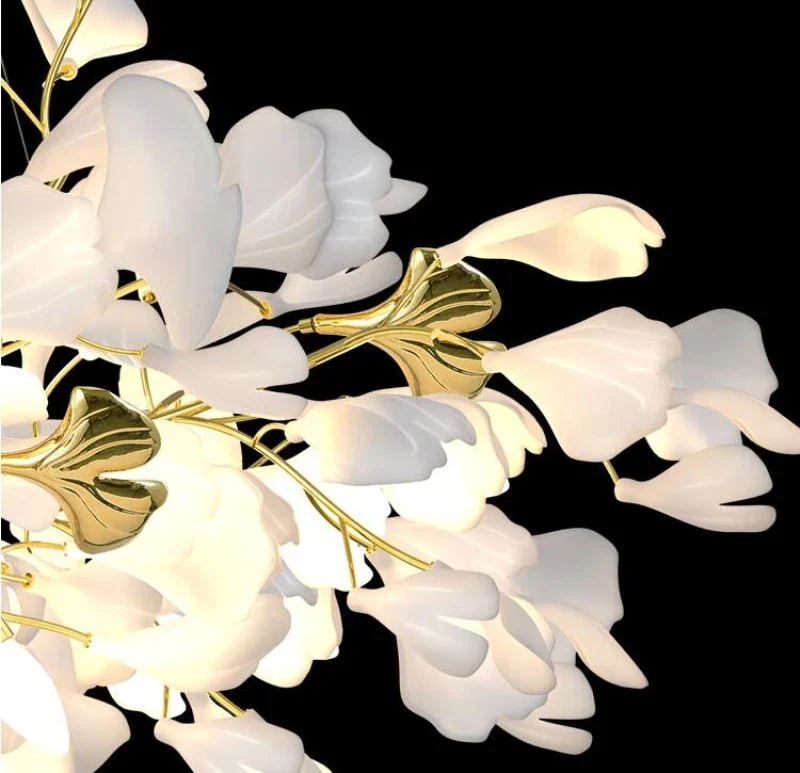 Люстра Gold White Leaves Combination Gingko - 150см x 65см, золотой пластик, белая керамика, золотое основание