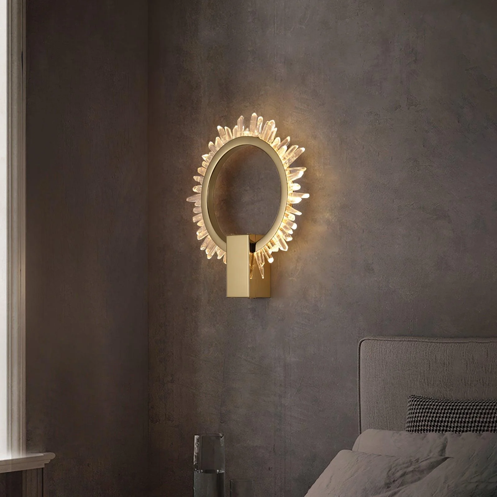 Natural Crystal Wall Lamp - ∅ 9.8″ x H 12.5″ / Dia 25cm x H 32cm Set of 2 / Gold & Clear / Warm White