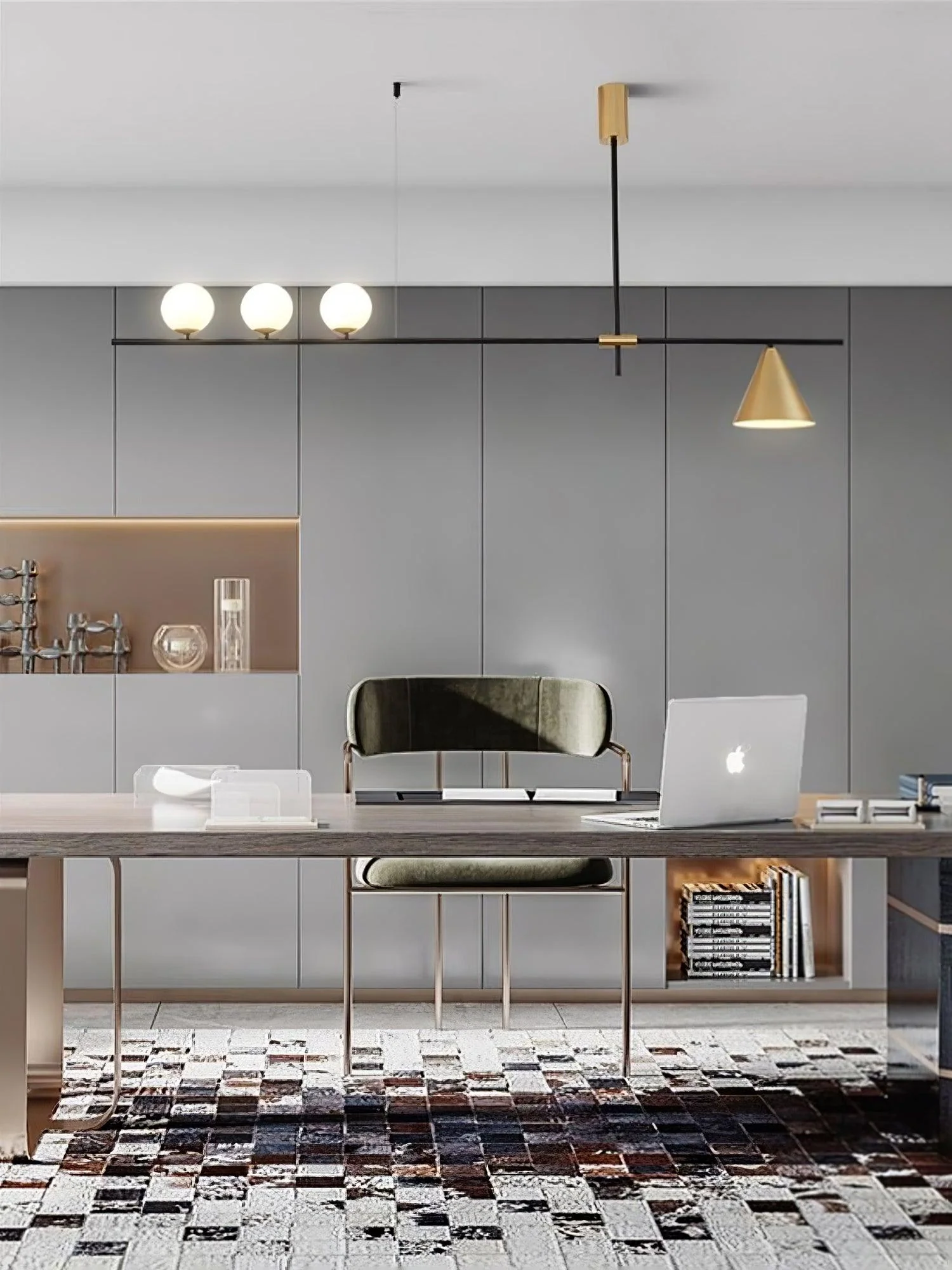 Подвесной светильник Eclipse Linear Suspension - 3 источника света 123см x 70см, золотой, золотой абажур