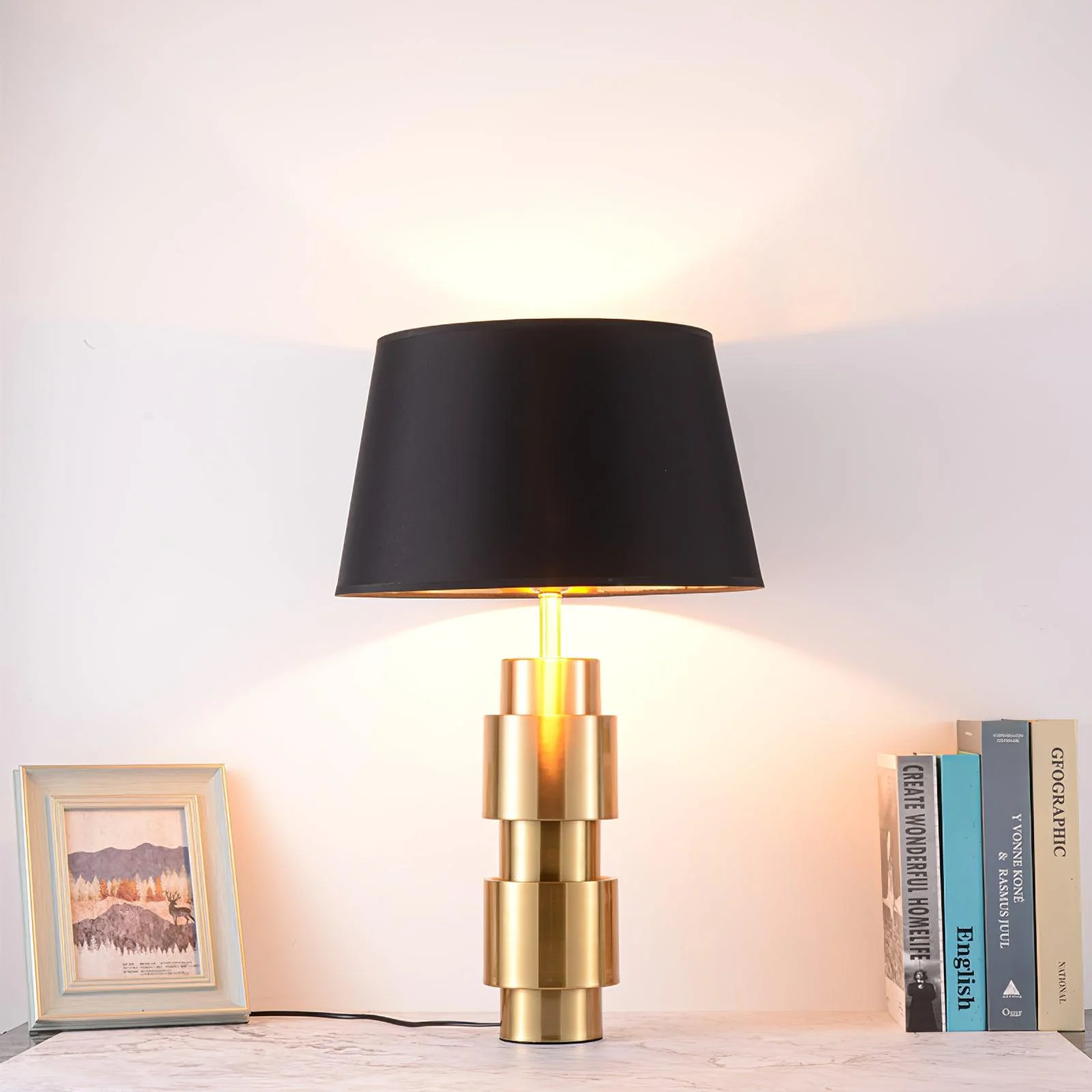 Jean Cylinder Table Lamp - ∅ 15″ x H 23.6″ / Dia 38cm x H 60cm / Gold+Black / UK plug