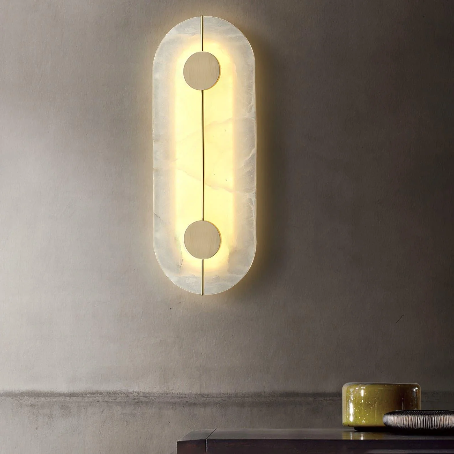 Artistic Alabaster Wall Lamp - ∅ 7.9″ x H 7.9″ Set of 2 / White & Brass / Warm Light