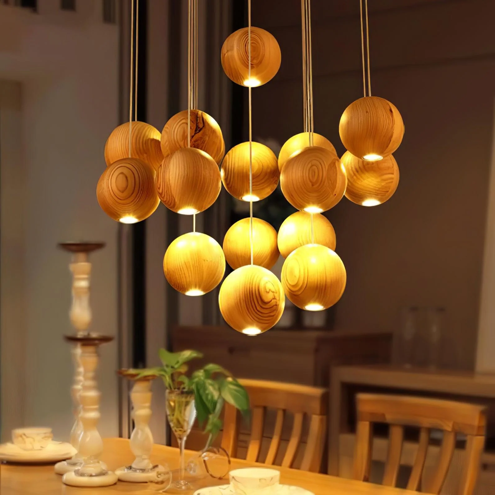 Подвесной светильник Wooden Orb Sphere Cluster - 30 плафонов ∅90см x 200см, натуральное дерево