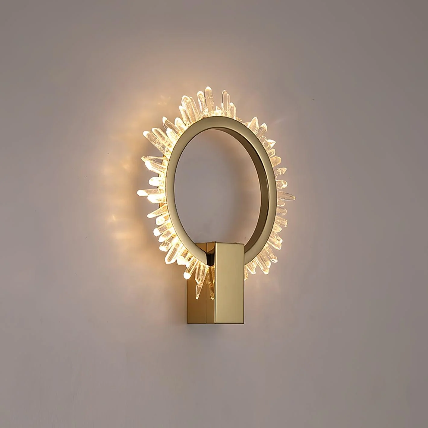 Natural Crystal Wall Lamp - ∅ 9.8″ x H 12.5″ / Dia 25cm x H 32cm Set of 2 / Gold & Clear / Warm White