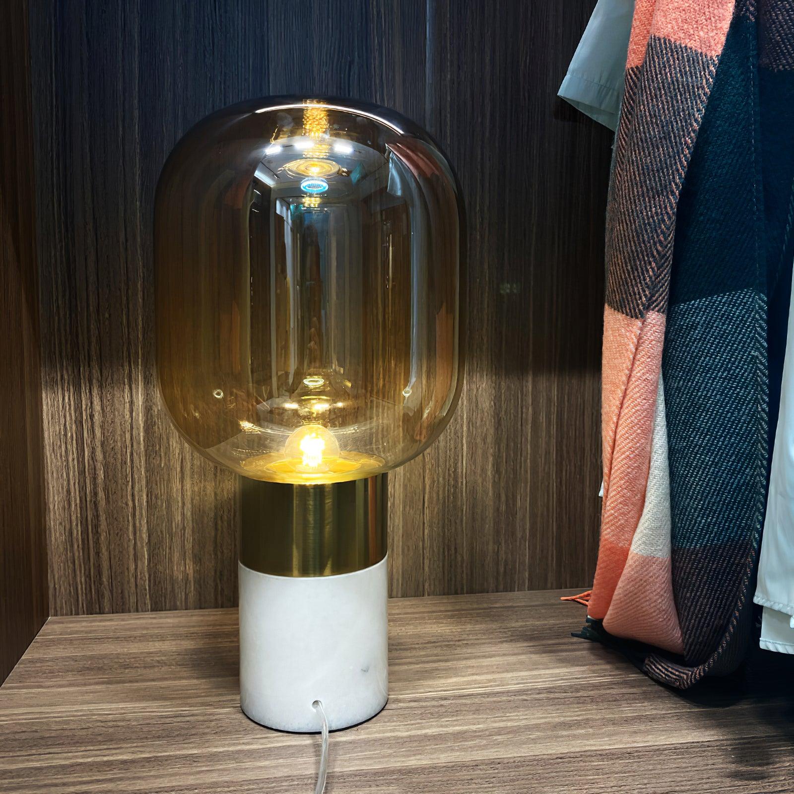 Storm Marble Table Lamp - ∅ 9″ x H 18.8″/ Dia 23cm x H 48cm / White Marble & Cognac / UK plug
