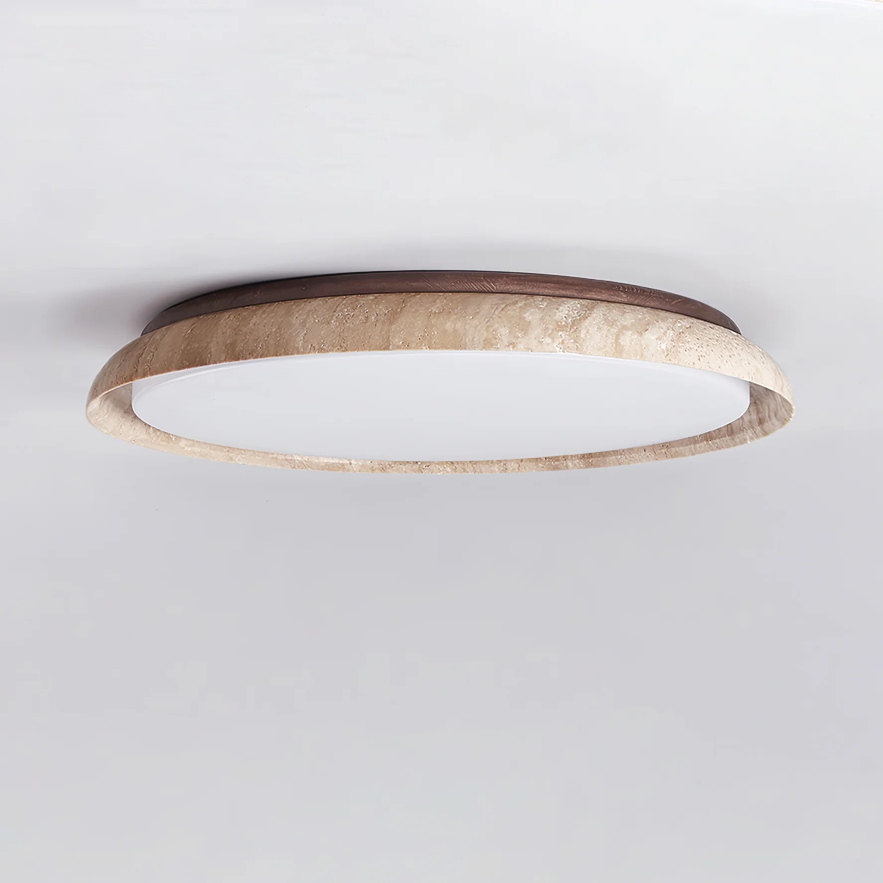 Потолочный светильник Aureum Edge - ∅32см x 7см, желтый травертин, дерево, теплый свет