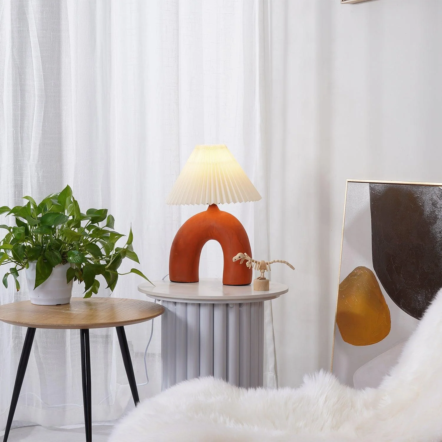 Arched Pleated Table Lamp - ∅ 11.8″ x H 16.5″ / Dia 30cm x H 42cm / Skin / AU plug