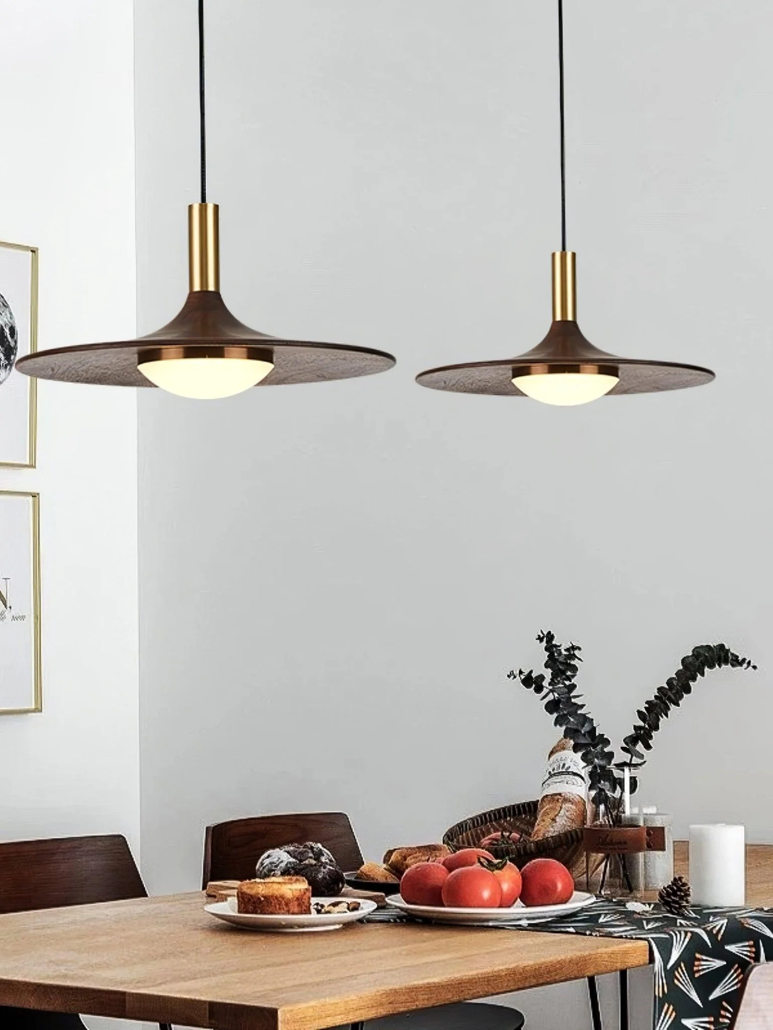 Подвесной светильник Walnut Wood Dish - ∅25см x 12см, орех, латунь, холодный свет