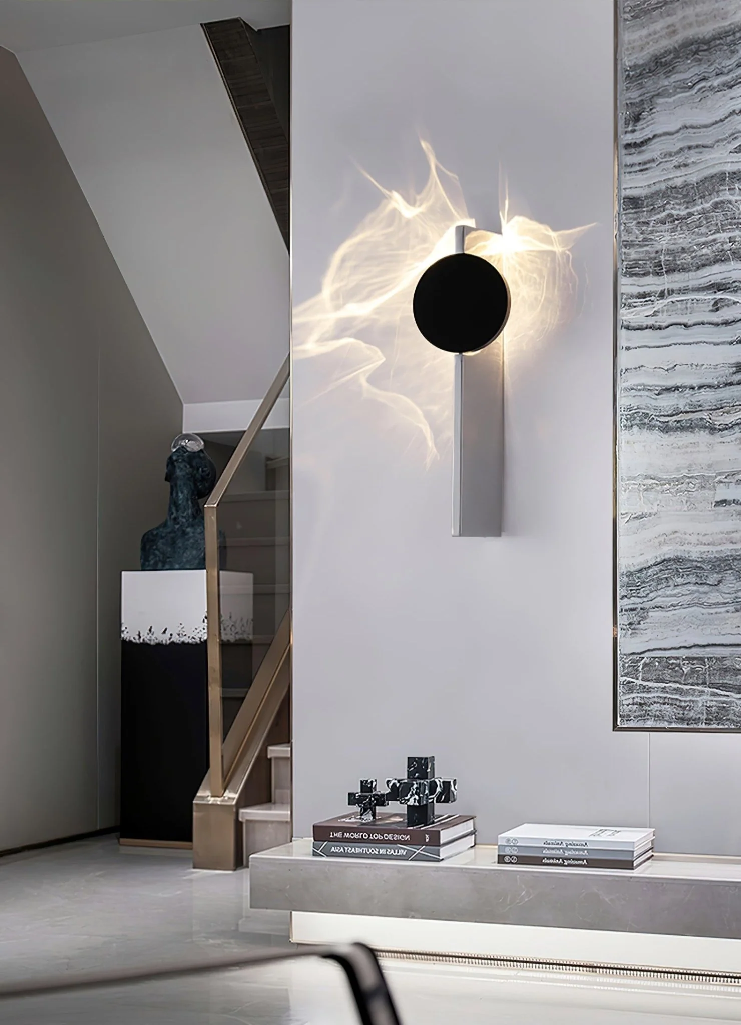 Creative Light And Shadow Wall Lamp - 2-Lights: ∅ 4.1″ x H 14.9″ Set of 2 / Chrome & Black / Warm Light