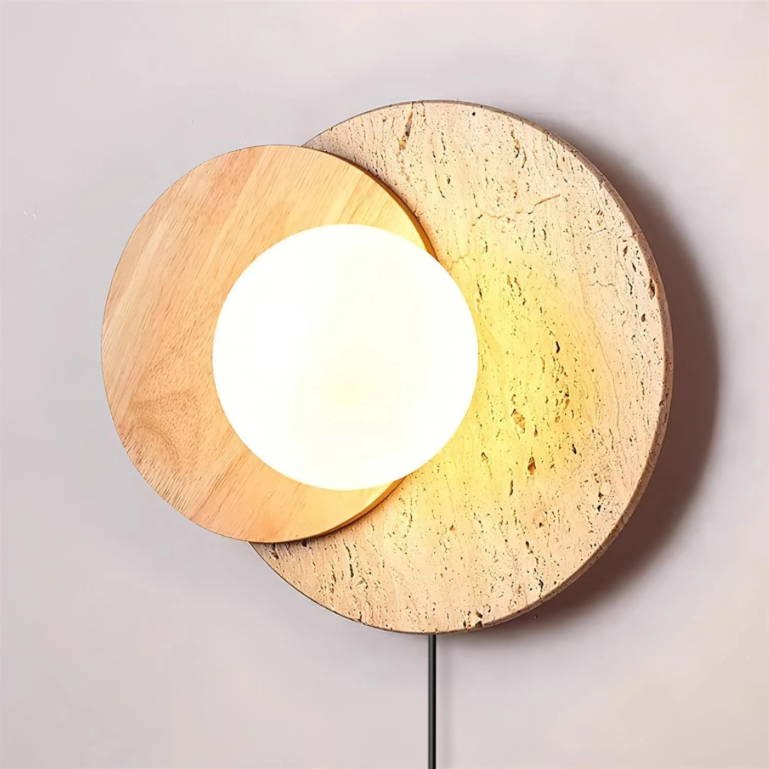 Lunar Eclipse Plug-in Wall Lamp - ∅ 11.8″ x H 9.8″  Set of 2 / Walnut Color & Beige / EU Plug