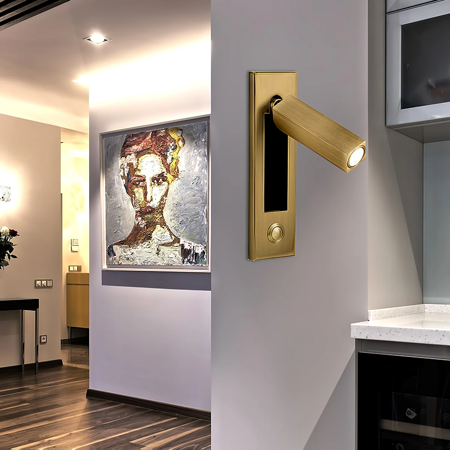Настенный светильник Embedded Bedside Sconce - прямоугольник, кнопочный переключатель, ∅5см x 18см, матовый черный, медь, теплый свет