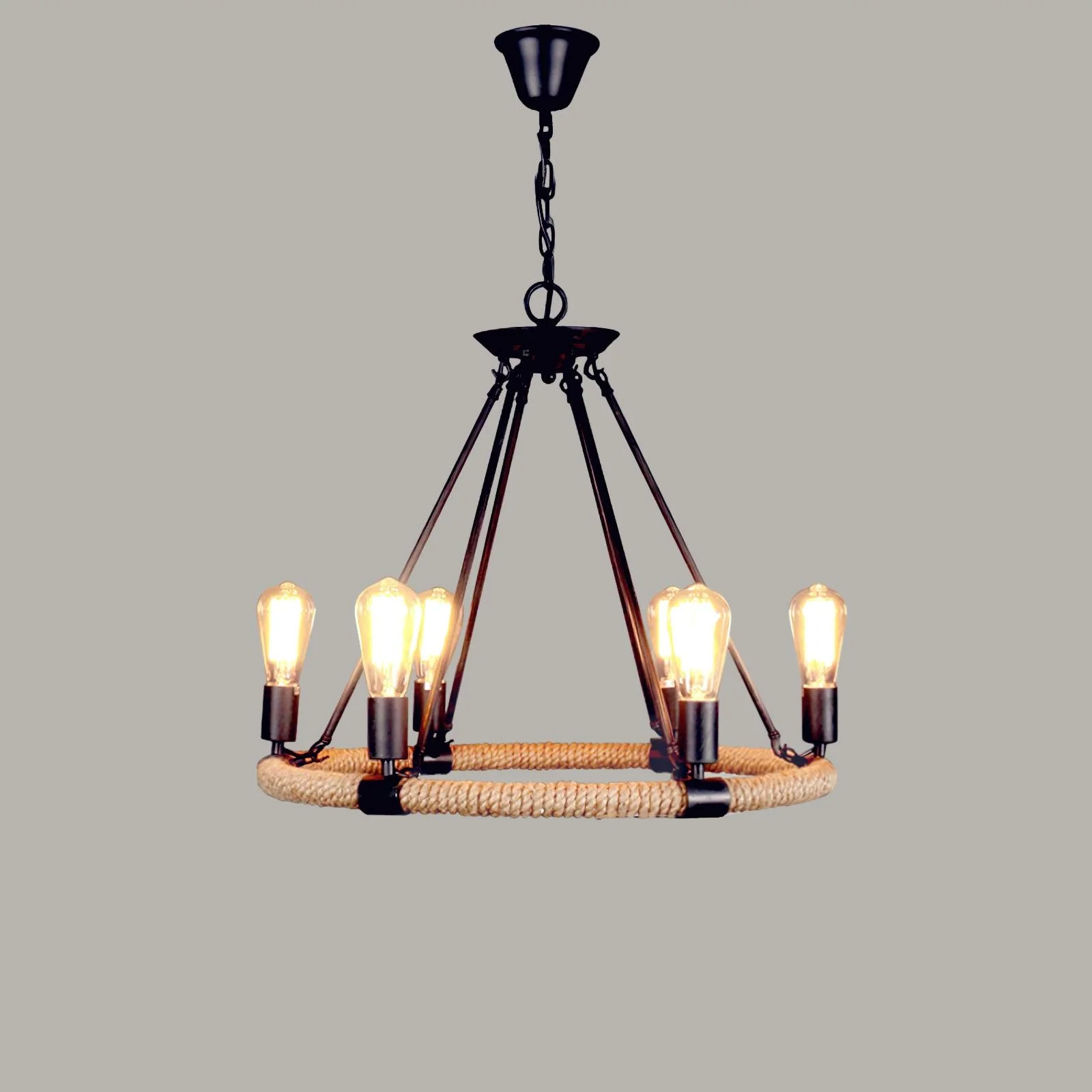Люстра Hemp Rope Industrial Large Circle - 6 плафонов ∅60см x 70см, черный, льняной