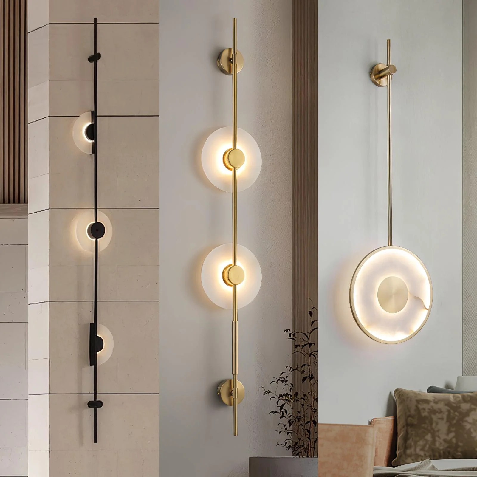 Alabaster Vertical Wall Sconce - Model A Gold ∅ 7.9″ x H 49.6″ Set of 2 / Warm Light