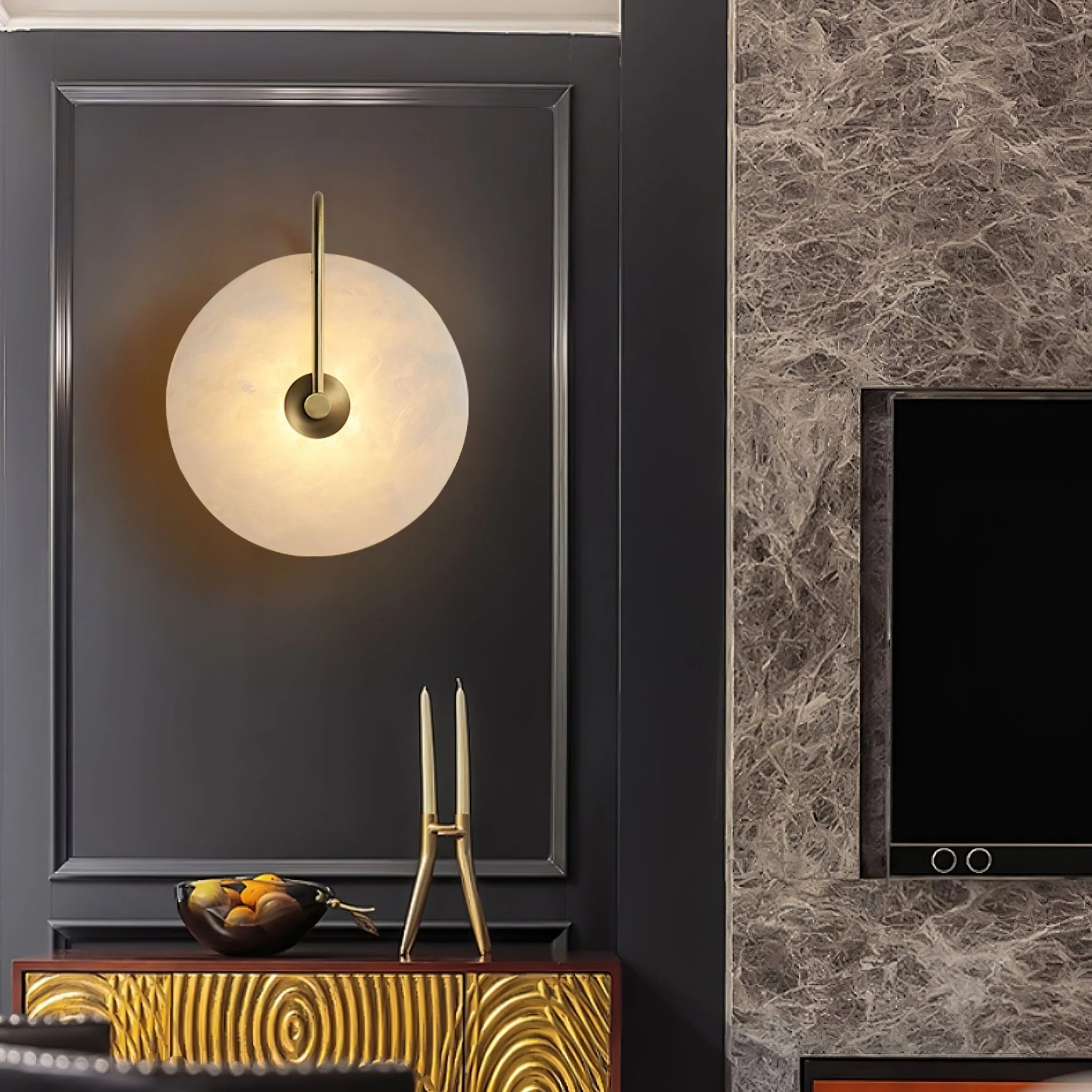 Alabaster LED Plug-In Wall Lamp - ∅ 9.8″ Set of 2 / Gold & White cable / EU Plug