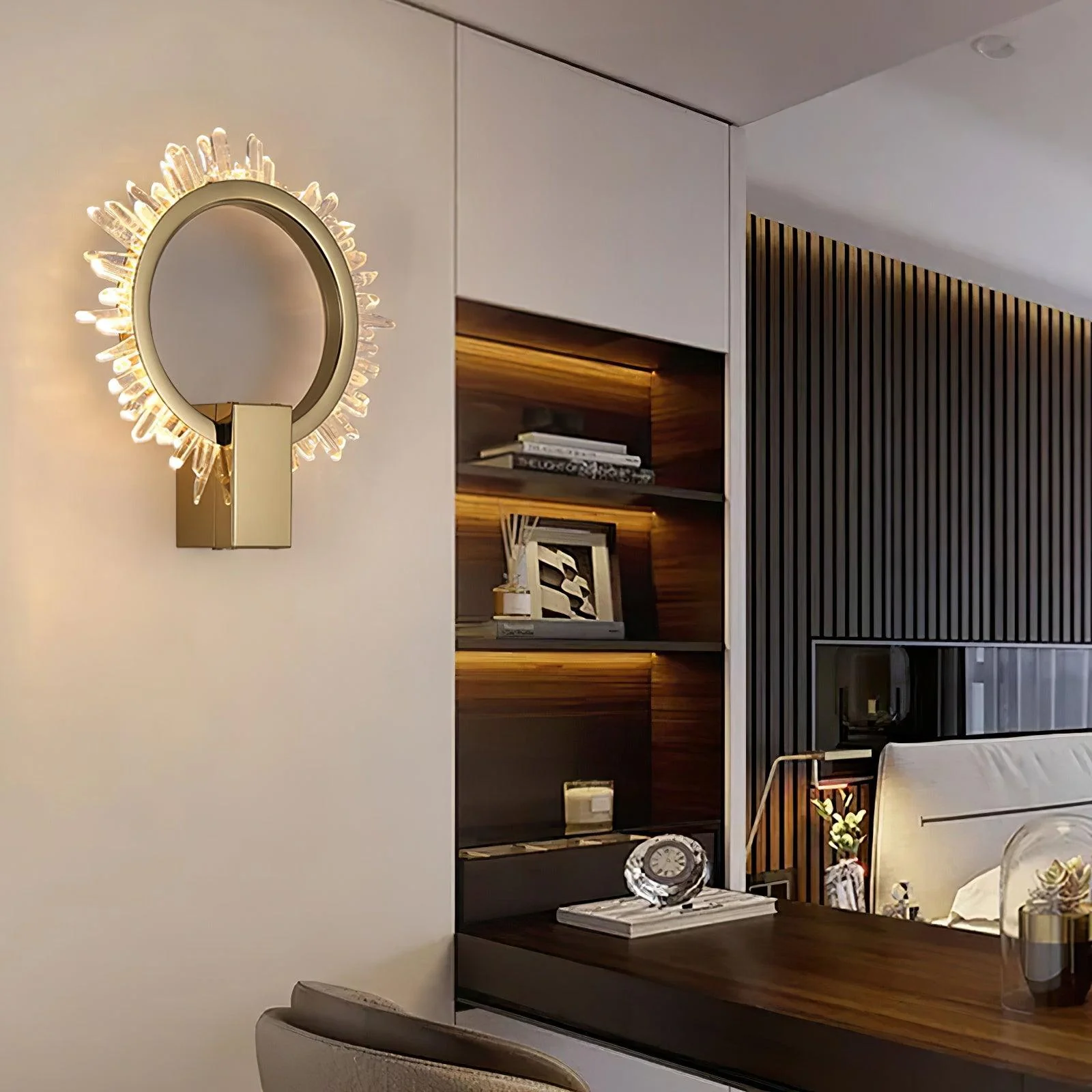 Natural Crystal Wall Lamp - ∅ 9.8″ x H 12.5″ / Dia 25cm x H 32cm Set of 2 / Gold & Clear / Warm White