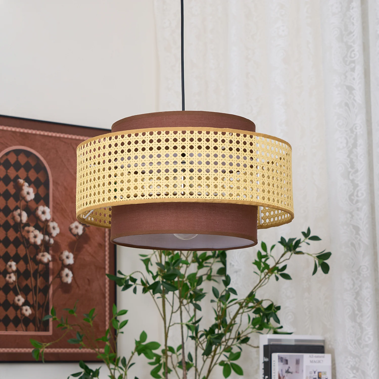 Подвесной светильник Drum Shade - ∅40см x 22см, черный, натуральный ротанг