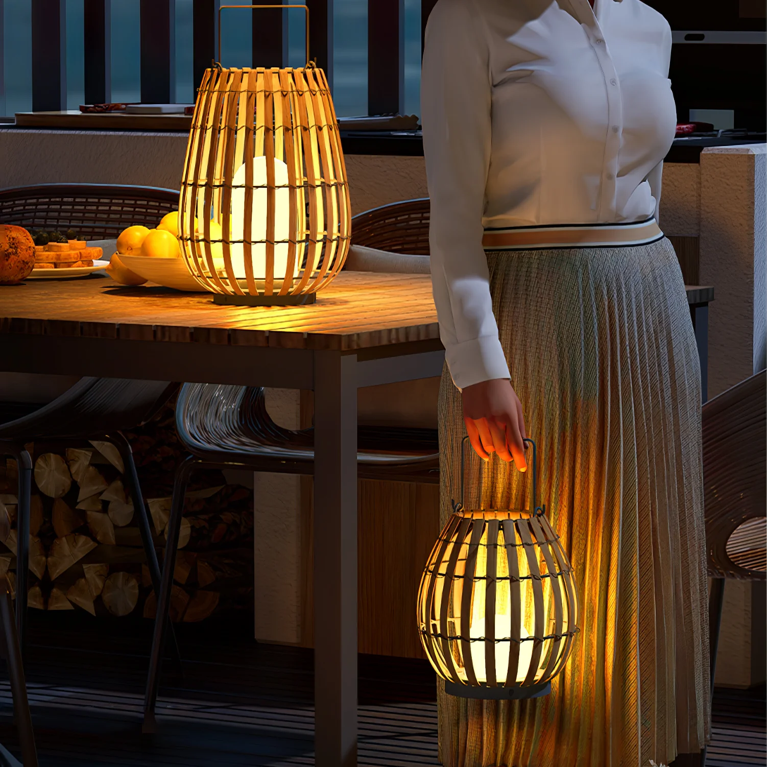 Уличный светильник Tropic Braid Lantern - модель B, солнечная батарея, ∅30см x 40см, черный, дерево