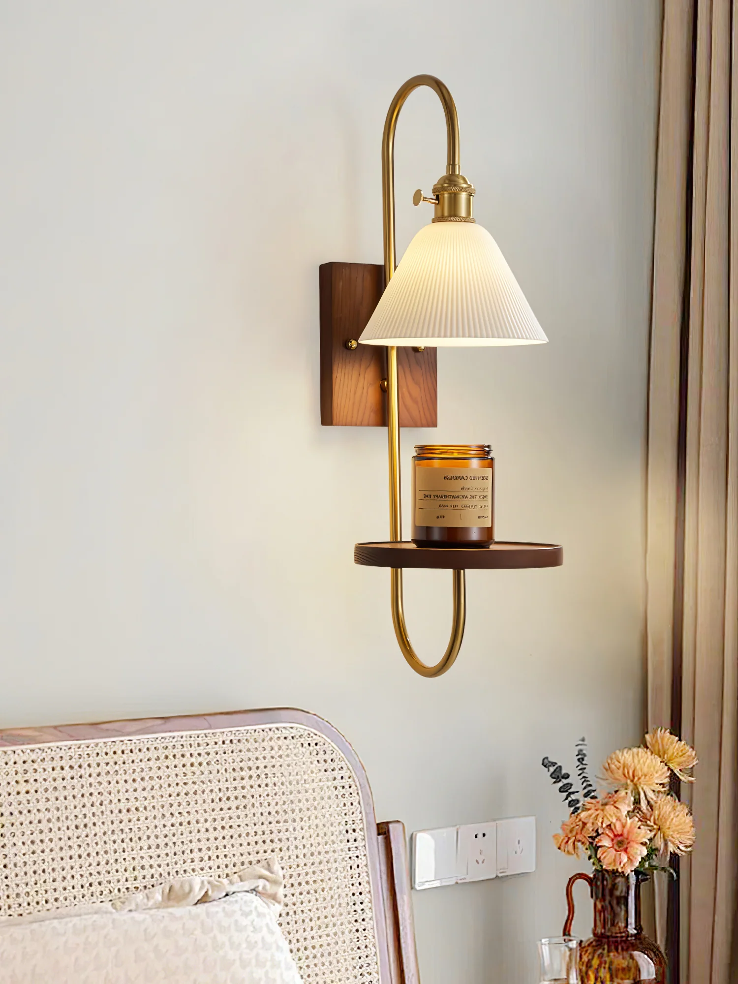 Walnut Shelf Sconce - Model A H 21.3″ x W 7.1″ x L 9.8″ / Walnut Color & Gold / Set Of 2
