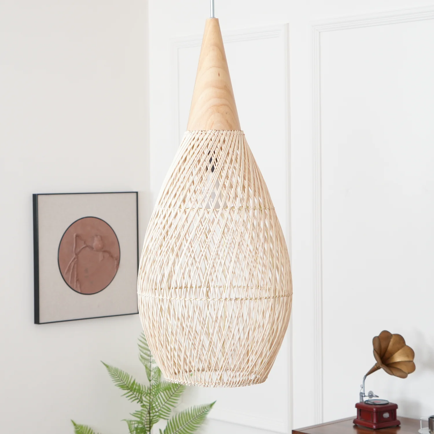 Подвесной светильник Braided Rattan - модель B, ∅50см x 25см, натуральное дерево, натуральный ротанг