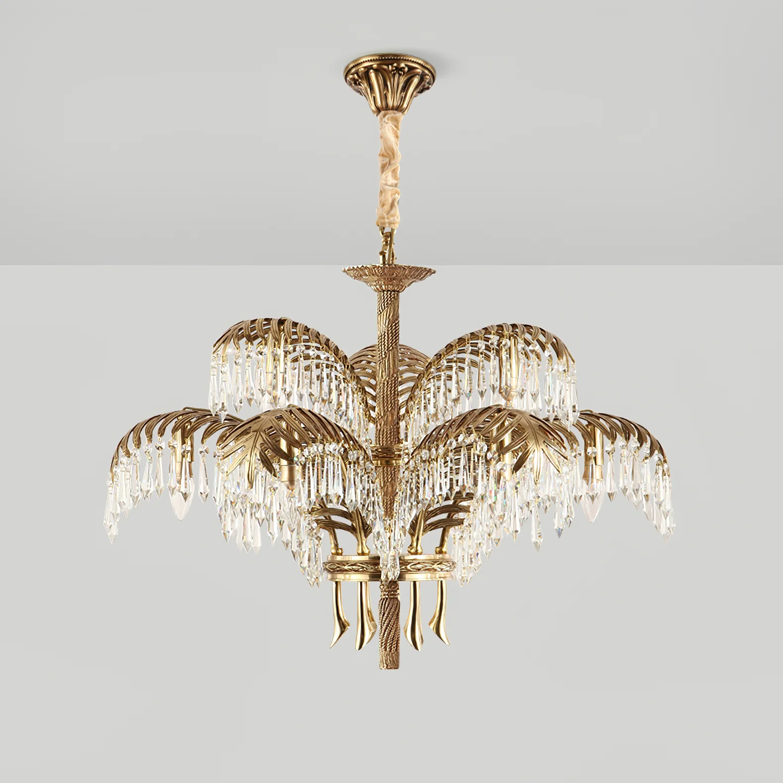 Люстра Brass Palm Leaf Crystal - 8 подвесов ∅82см x 50см, латунь, прозрачный кристалл