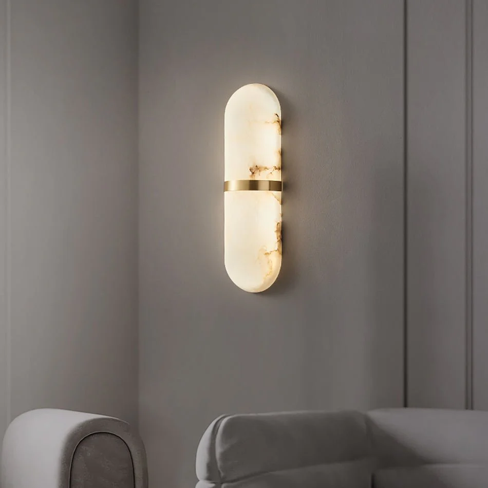 Alabaster Pill Wall Light - ∅ 4.7″ x H 15.7″ / Black & Warm Light / Set Of 2