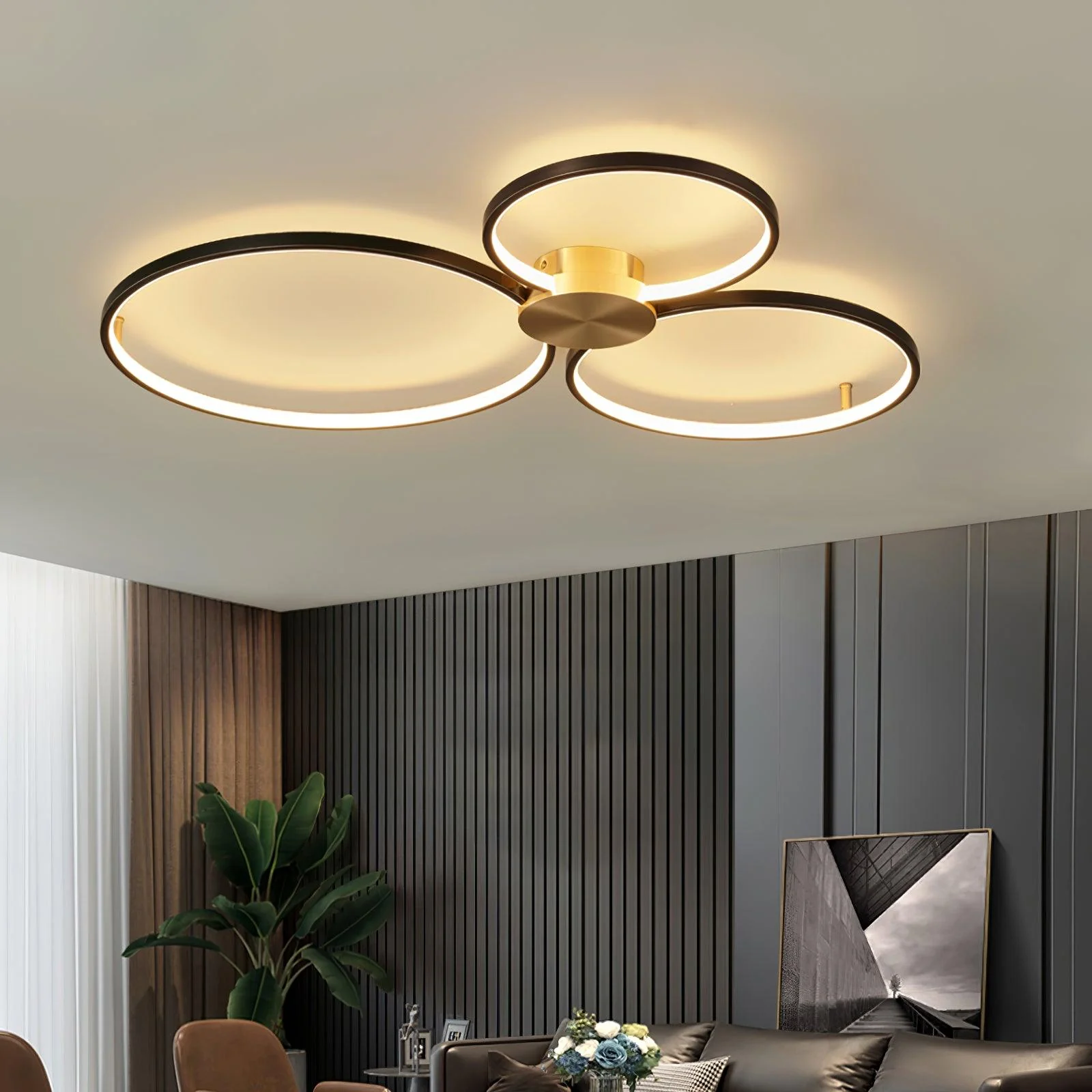 Потолочный светильник Loop LED - три круга, 90см x 73см x 7см, латунь, черный, теплый свет