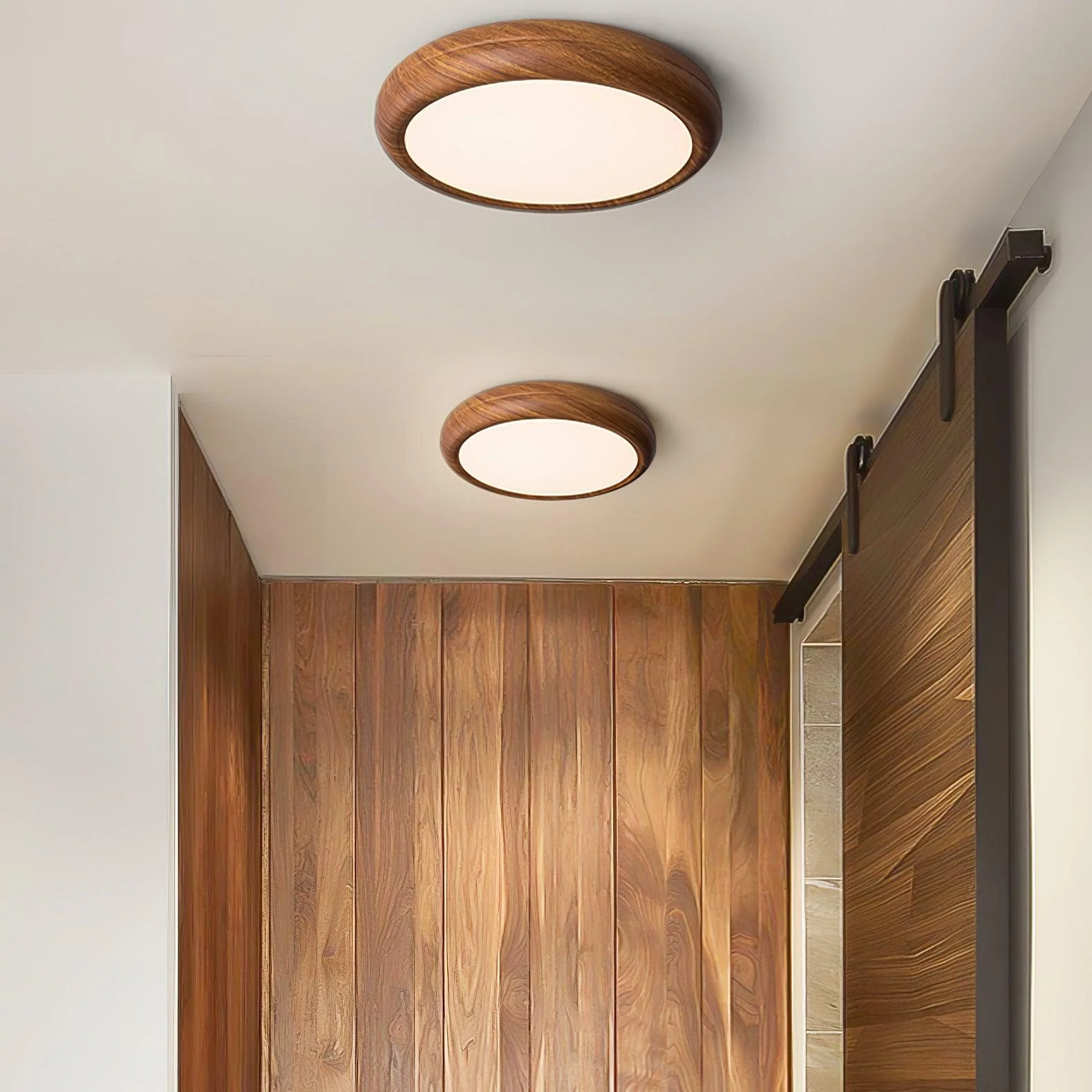 Потолочный светильник Wood Grain Round - модель A ∅30см x 9см, орех, белый, теплый свет
