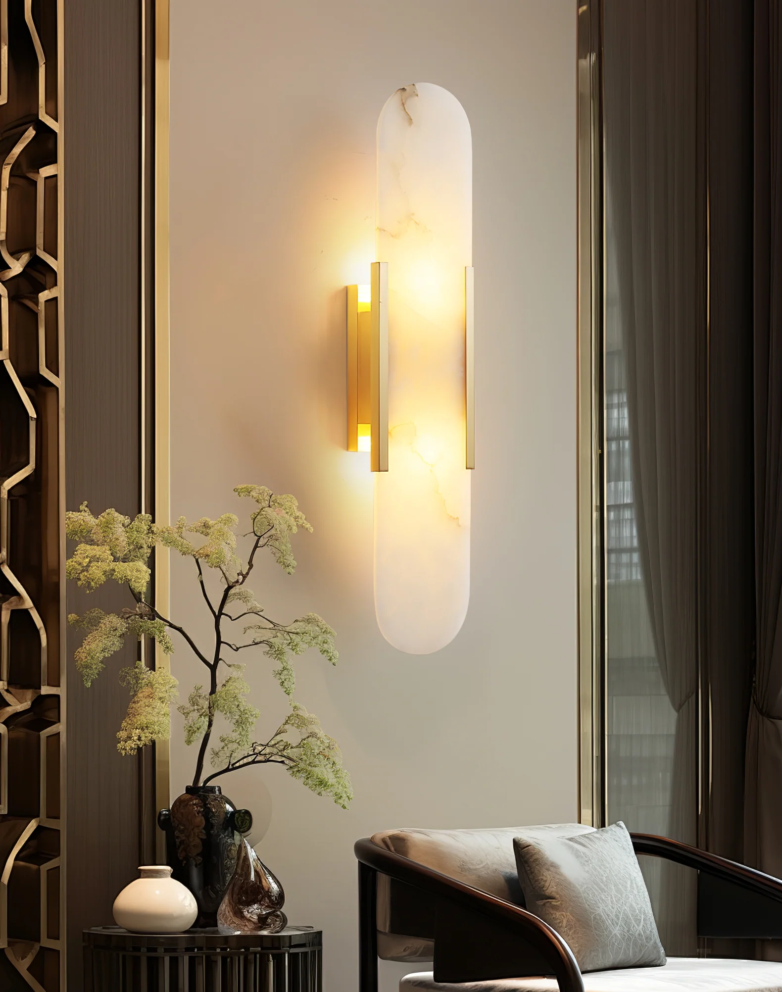 Melange Elongated Alabaster Wall Lamp - Dia 10cm x H 35cm Set of 2 / Black