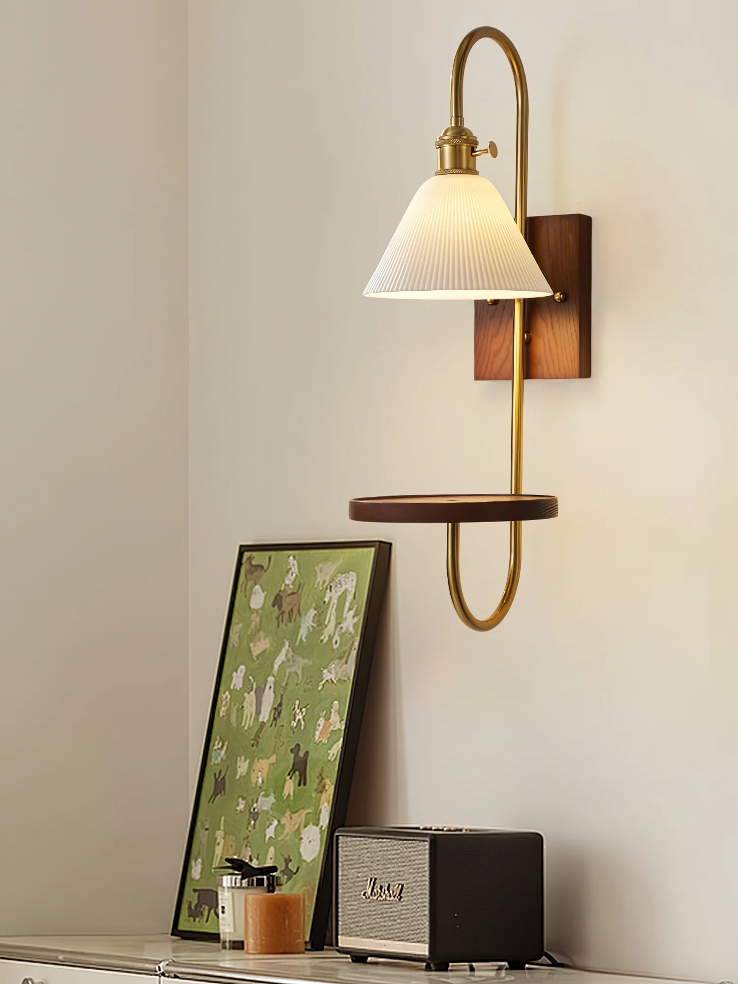 Walnut Shelf Sconce - Model A H 21.3″ x W 7.1″ x L 9.8″ / Walnut Color & Gold / Set Of 2