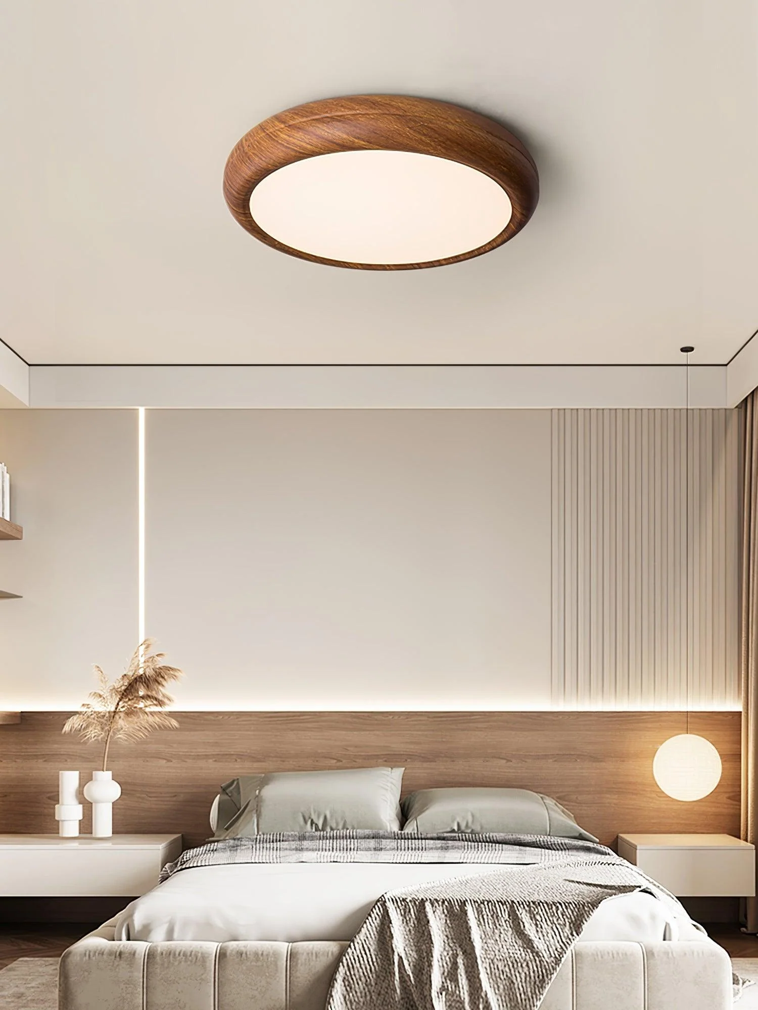 Потолочный светильник Wood Grain Round - модель A ∅30см x 9см, орех, белый, теплый свет