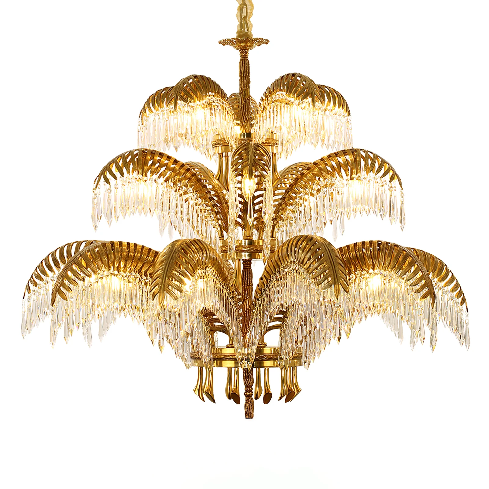 Люстра Brass Palm Leaf Crystal - 8 подвесов ∅82см x 50см, латунь, прозрачный кристалл
